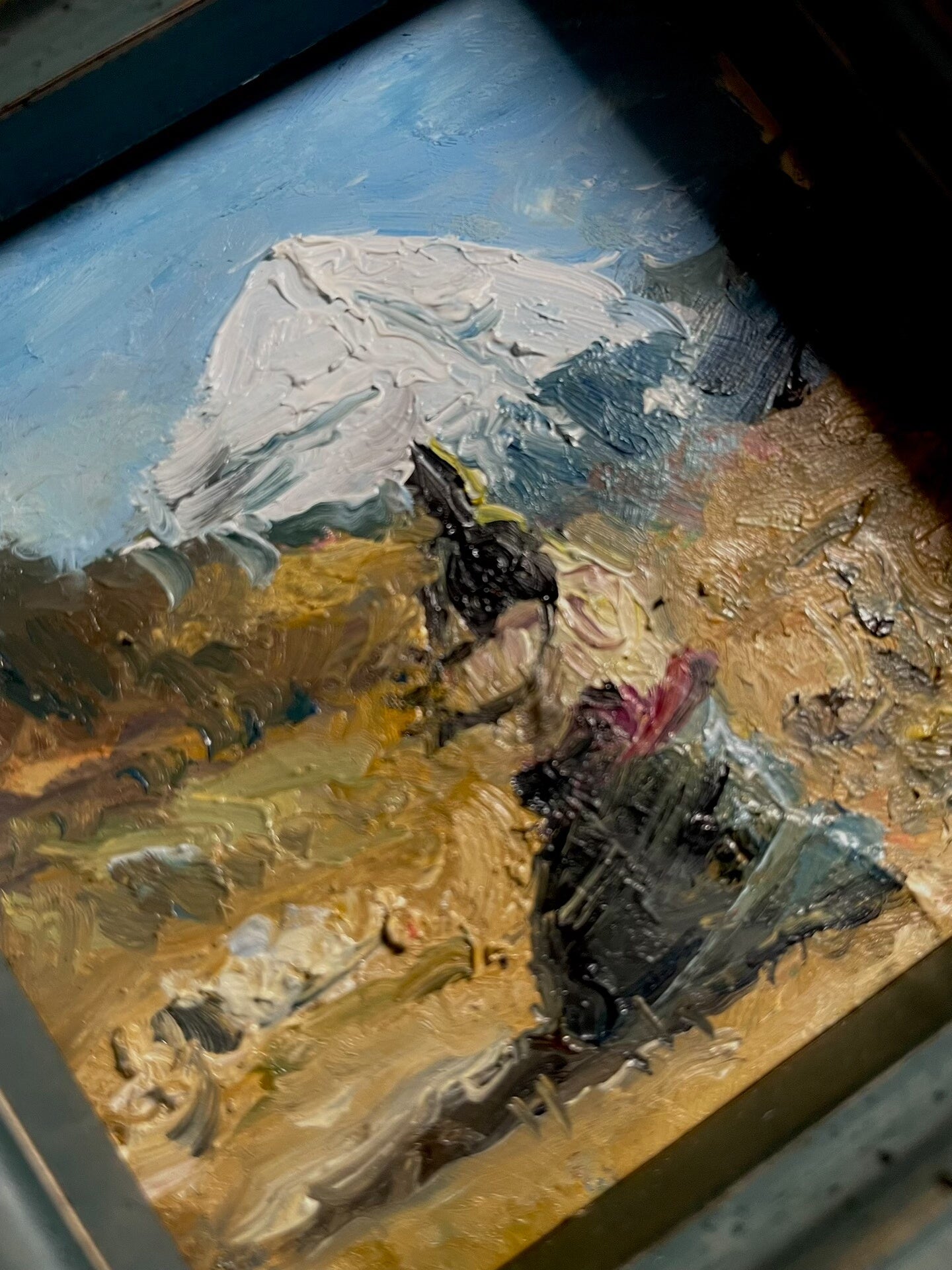 Hand-Painted Oil Painting of Snow-Capped Mountain Landscape, 10x10cm Canvas in 20x20cm Wooden Frame