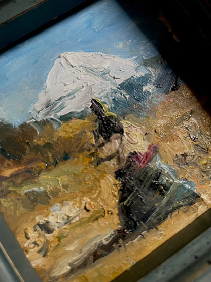 Hand-Painted Oil Painting of Snow-Capped Mountain Landscape, 10x10cm Canvas in 20x20cm Wooden Frame