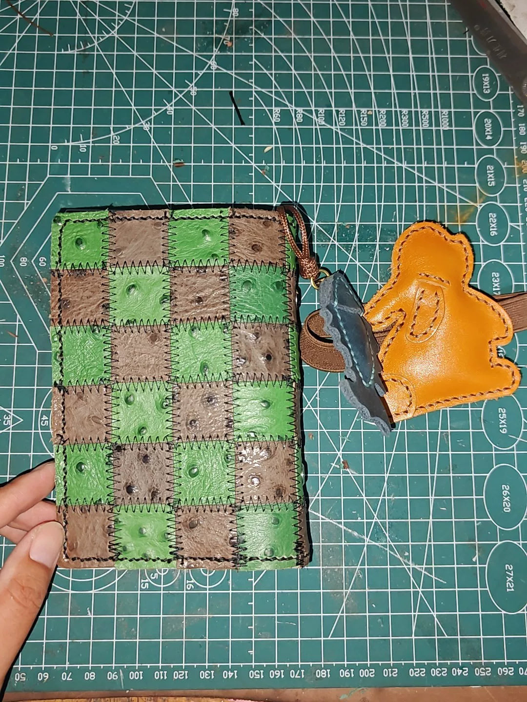 A7 Ostrich Leather Journal Green Brown Patchwork