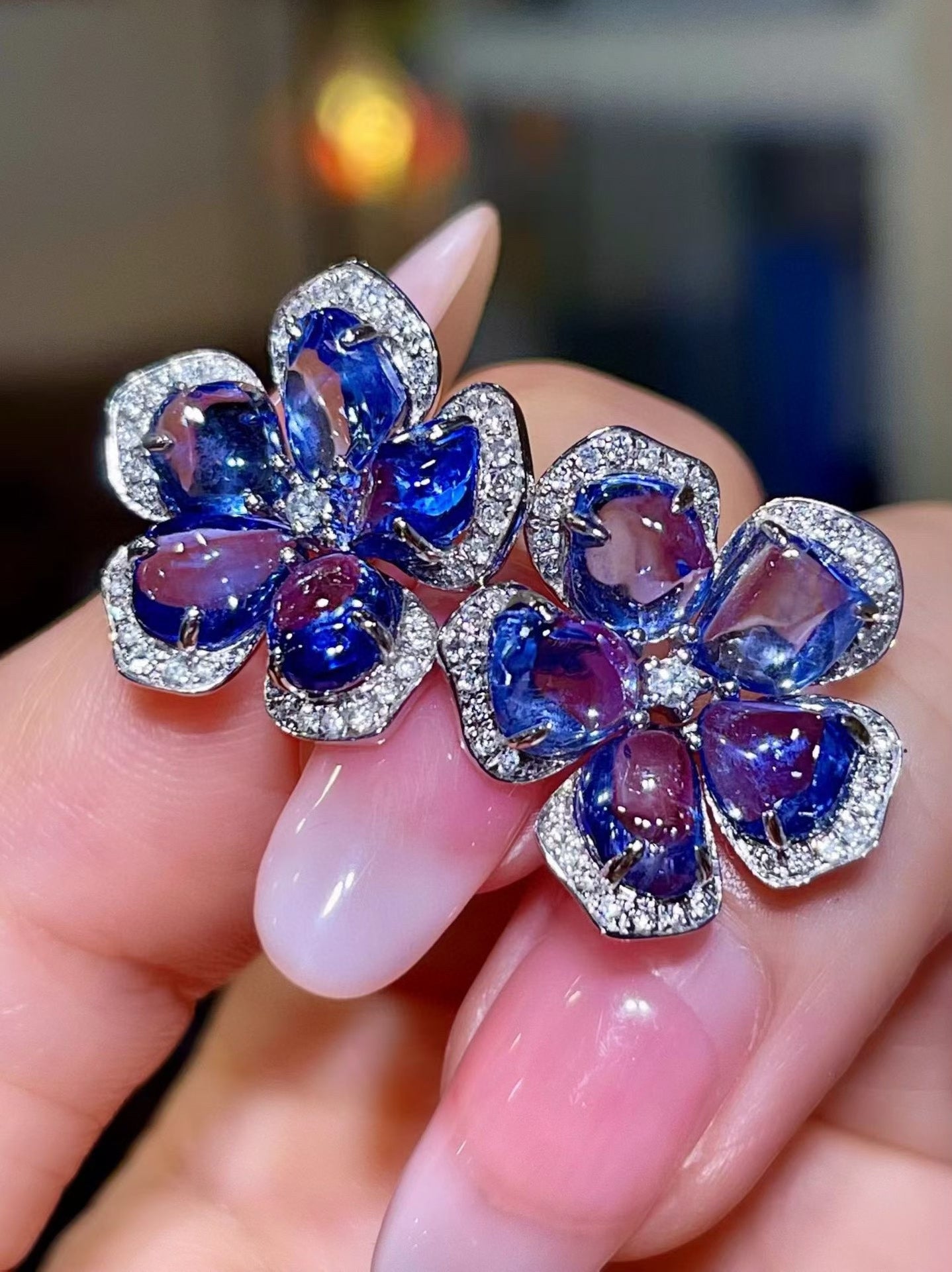 18K White Gold 11.55ct Sapphire and 0.38ct Diamond Five-Petal Flower Stud Earrings