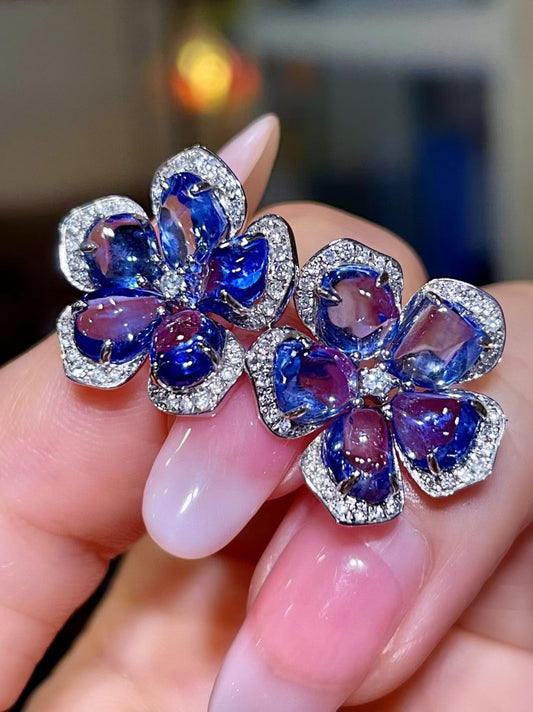 18K White Gold 11.55ct Sapphire and 0.38ct Diamond Five-Petal Flower Stud Earrings