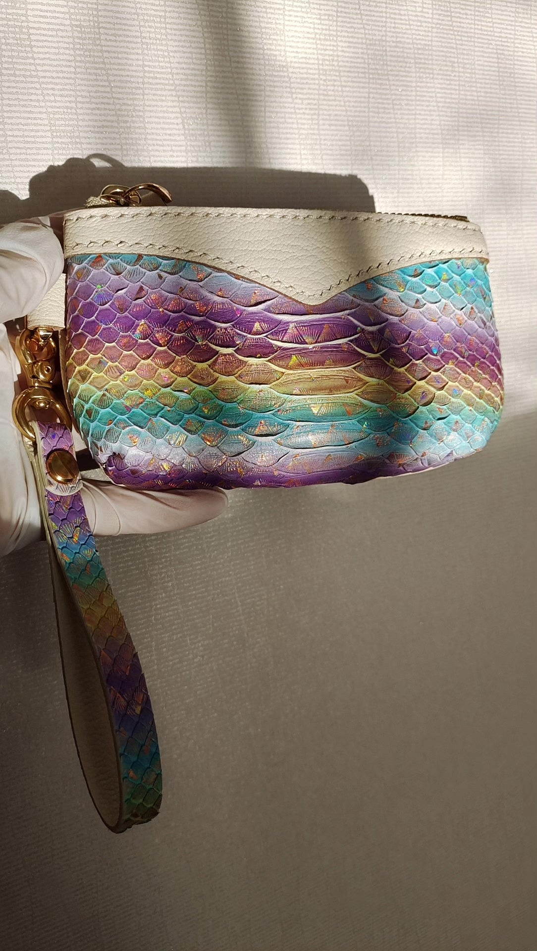 Handgemaakt Regboog-Draakschaal Leer Wristlet Tasje