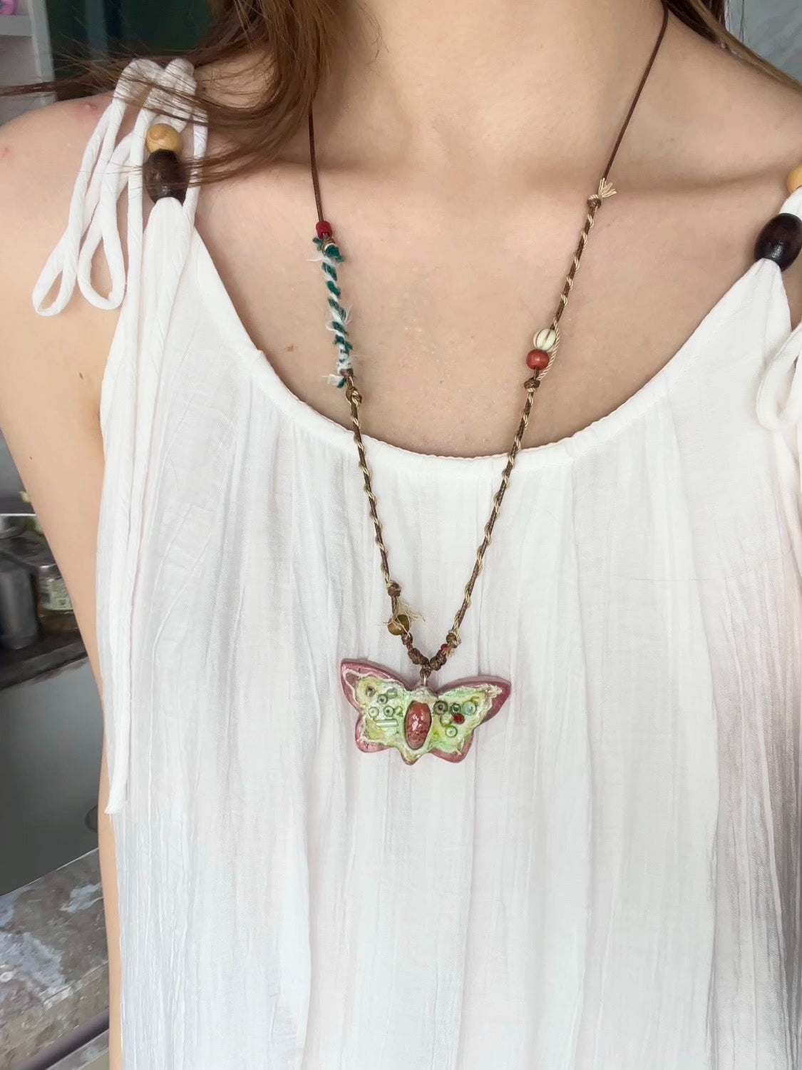 Handcrafted Butterfly Agate Stone Clay Necklace