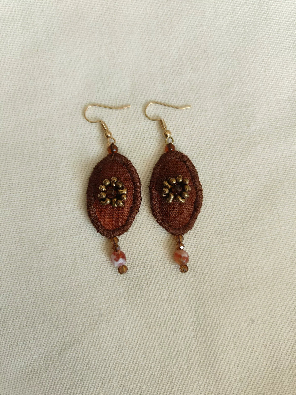 Handmade Brown Fabric Oval Dangle Earrings