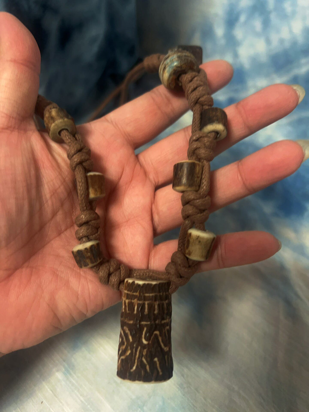 Handmade Carved Antler Necklace with Agate Beads