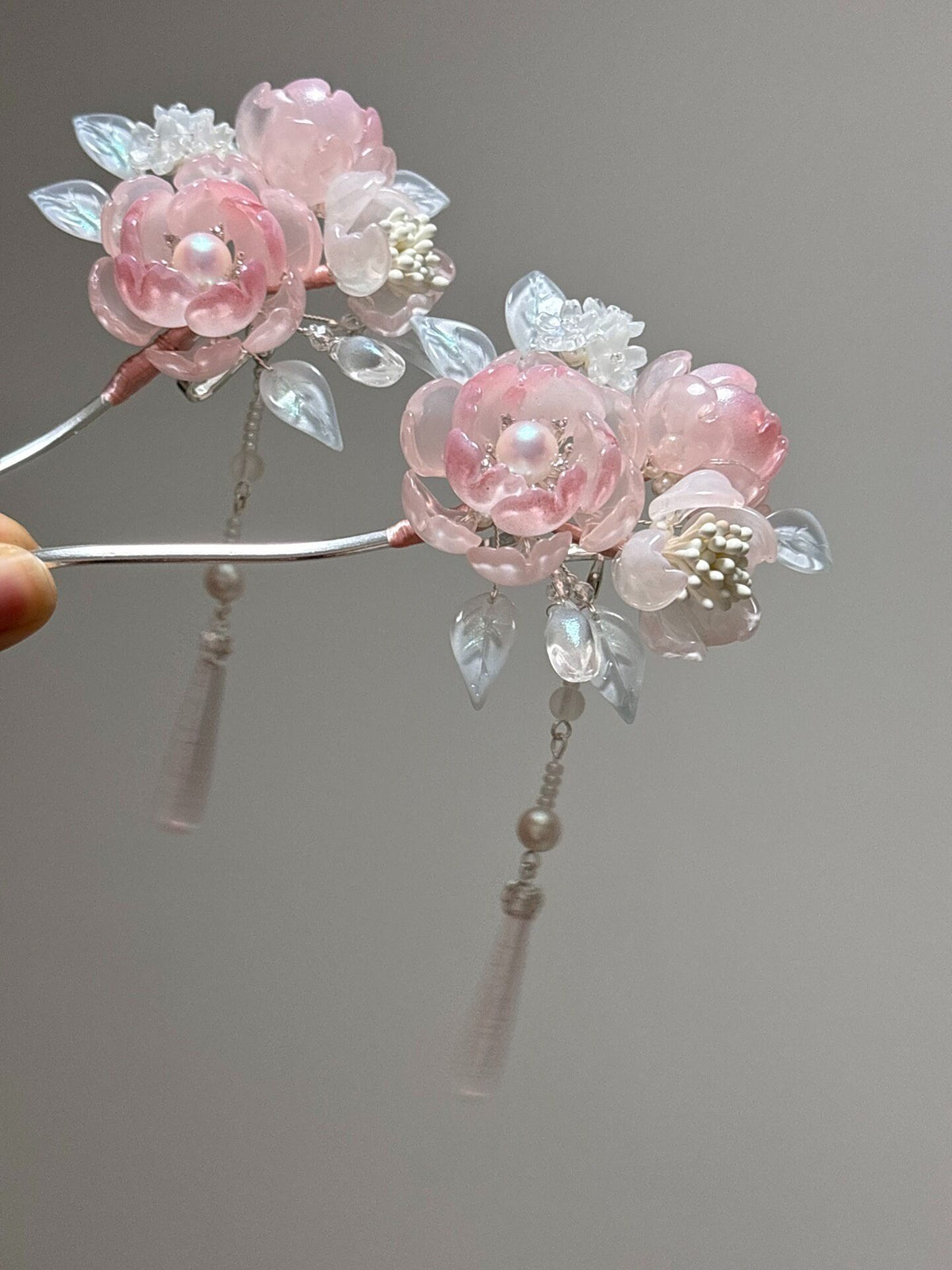 Glazed Peony Hairpin with Pink Crystal Drops
