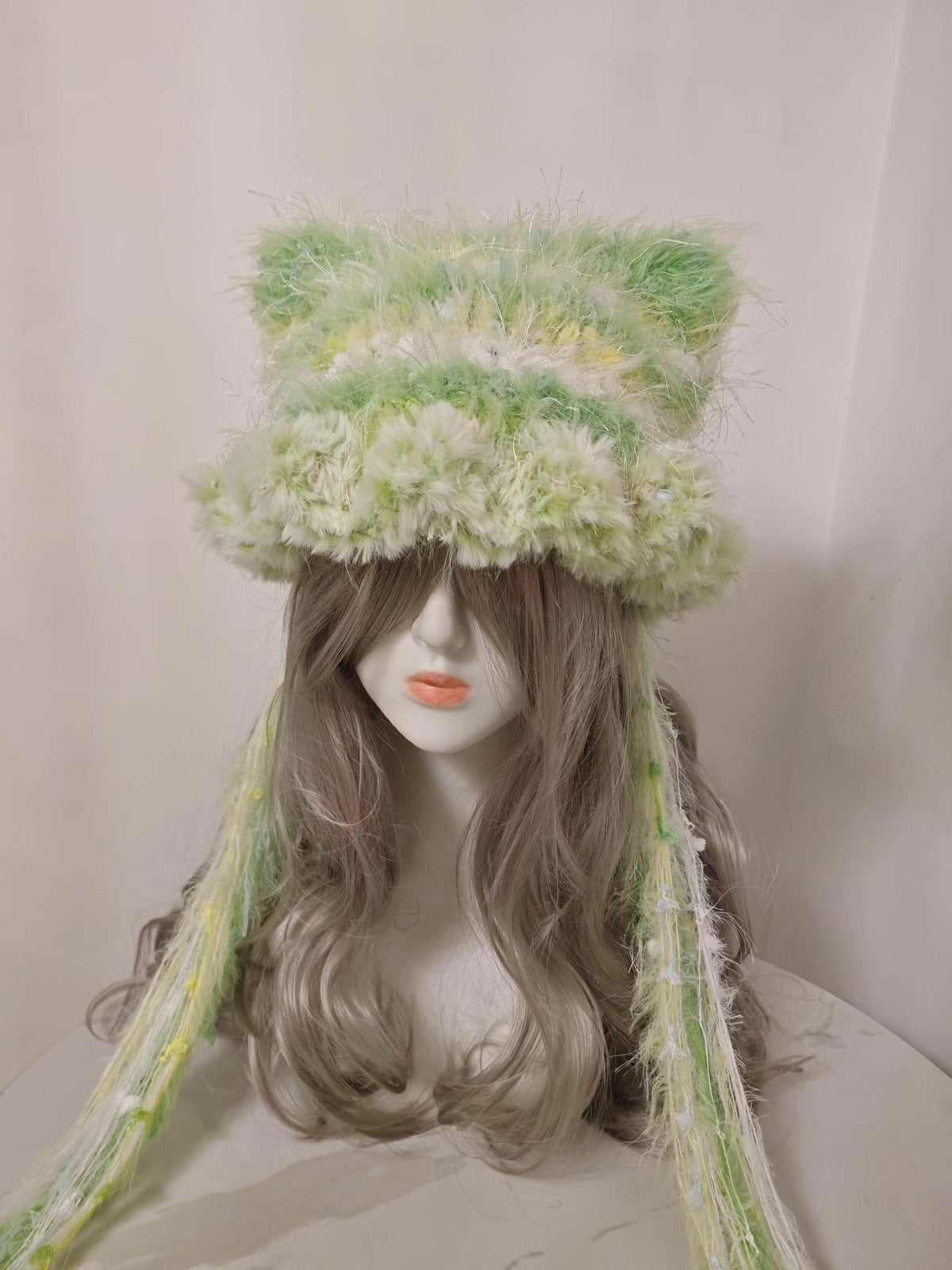 Handmade Green Cat Ear Hat with Tassels