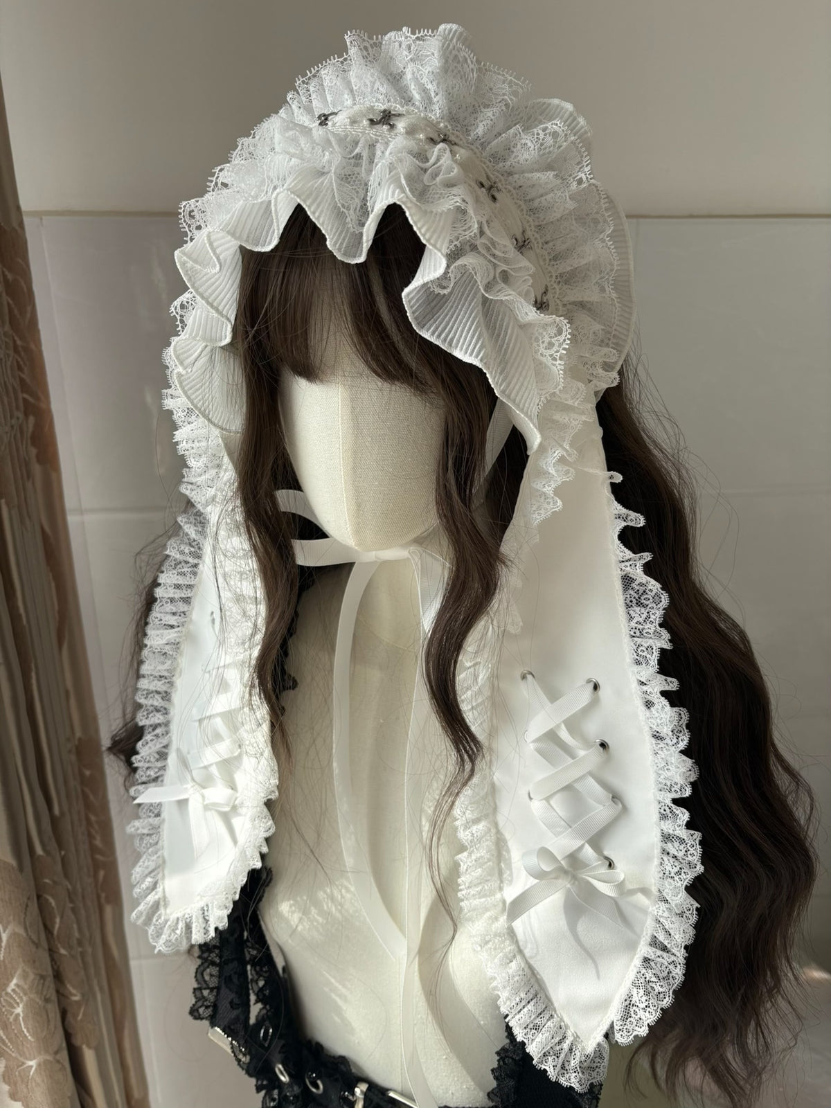 Gothic Lace Bunny Ear Headband with Ribbon Lacing