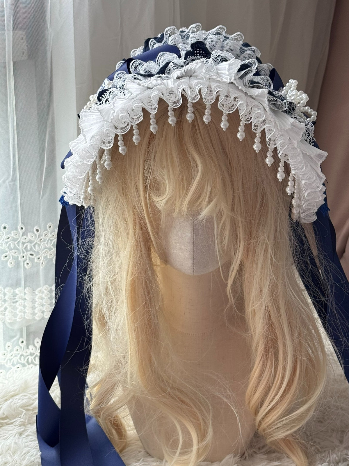 Navy Pearl Lace Lolita Bonnet Hat Base