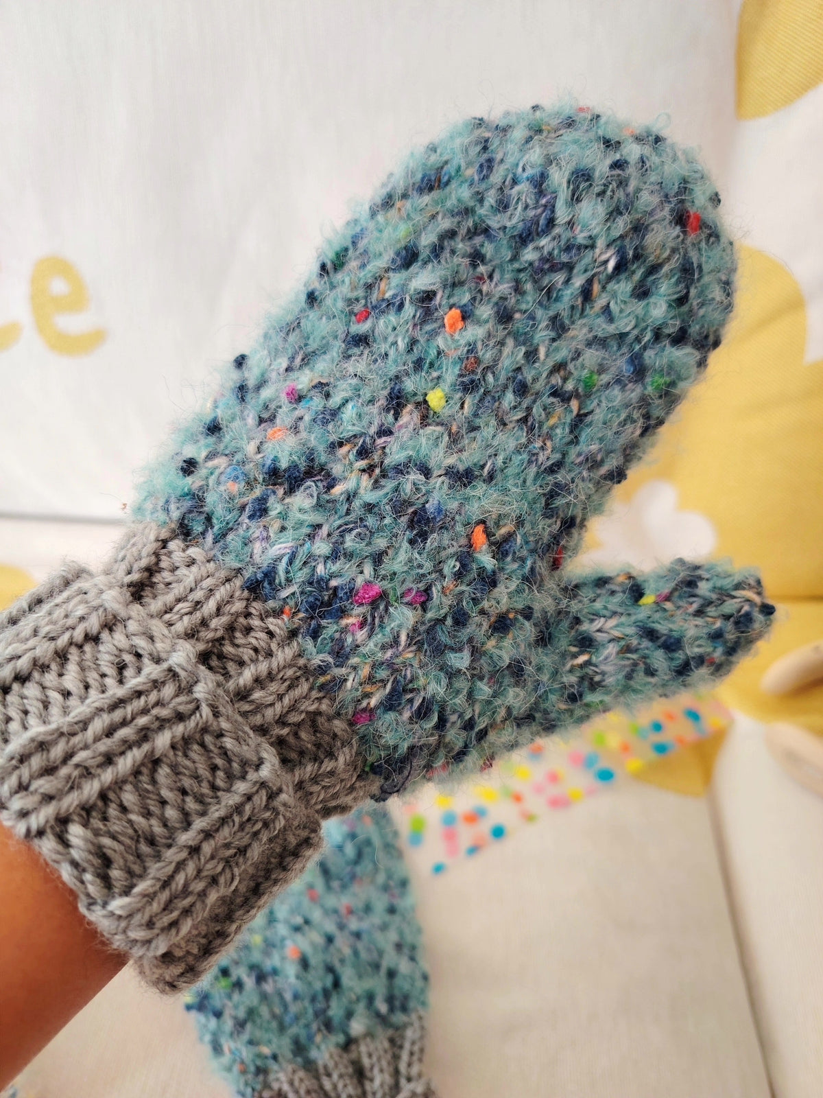 Handgestrickte Woll-Fächuhe meliertert Teal