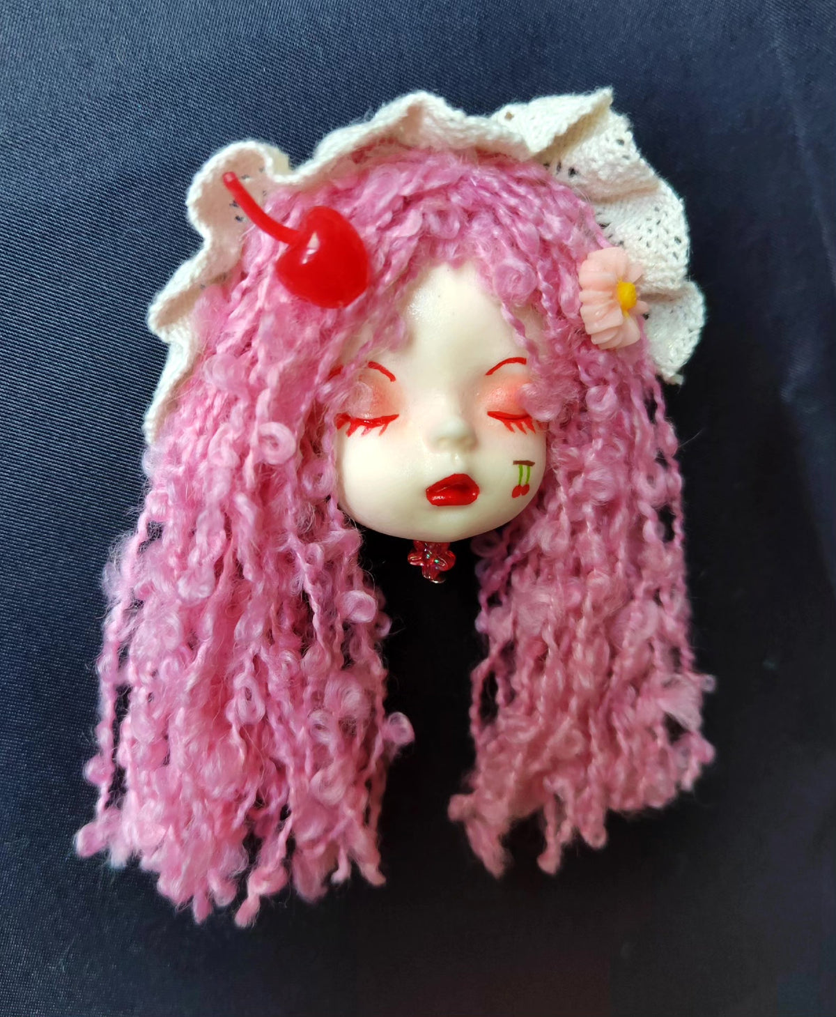 Clay Doll Head Brooch Lolita Pink
