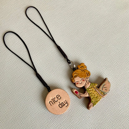 Leather Charm Set with Fairy Figure and "nice day" Disc