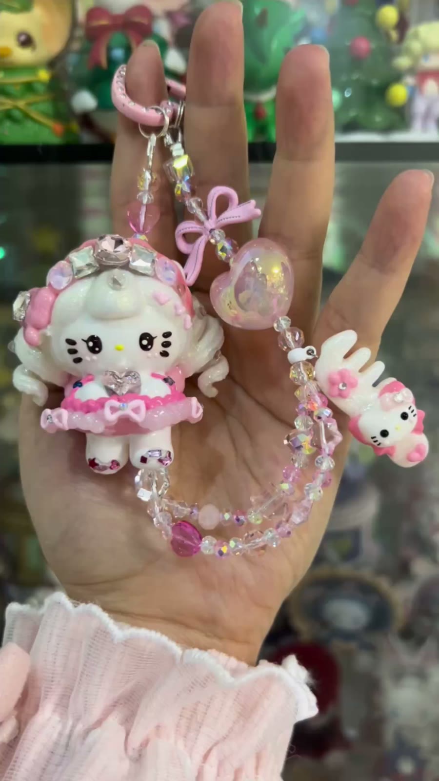 ピンク ラインストーン 猫 バッグチャーム スマホチェーン