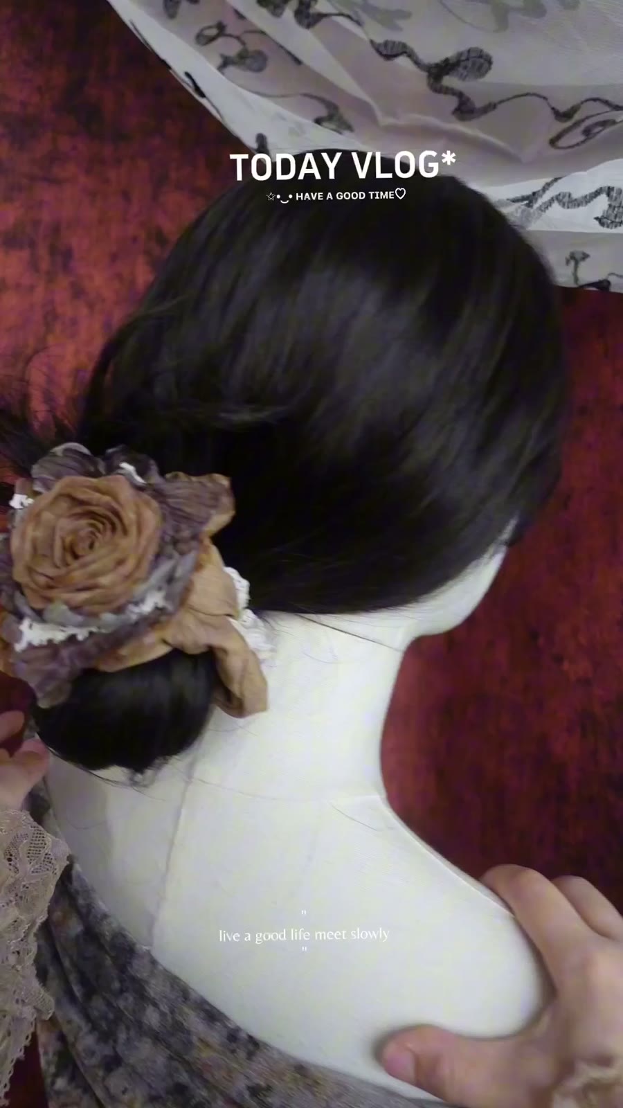 Fabric Scrunchie with Dried Rose Floral Embellishment