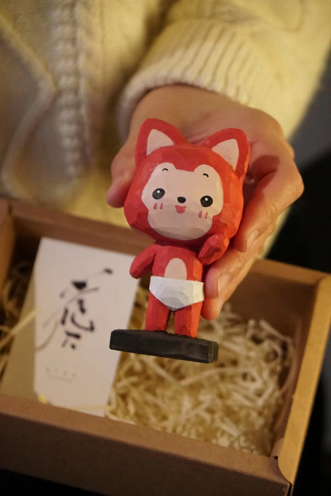 Hand-Carved Linden Wood Geometric Fox Figurine