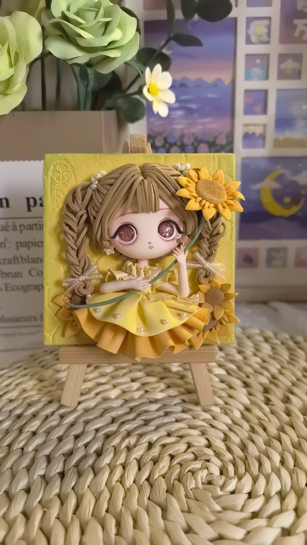 Sunflower Clay Girl Figure in Square Frame