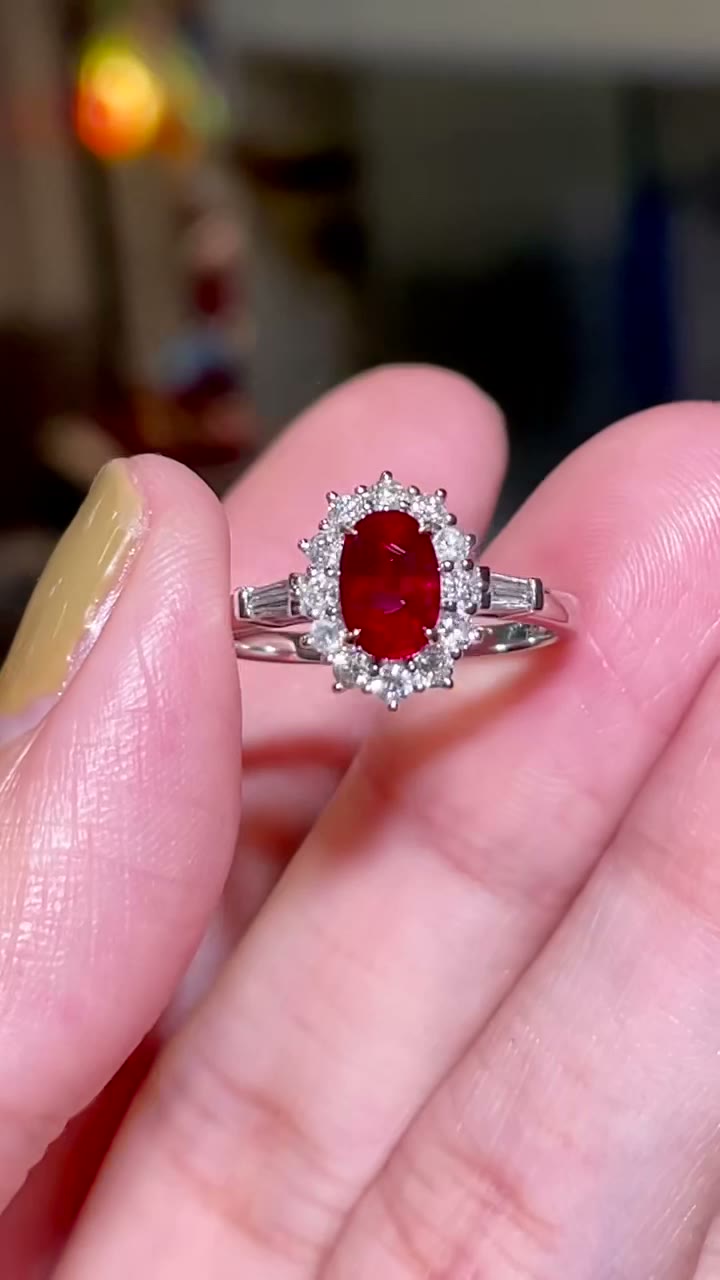 Ruby Halo Ring with Baguette Accents