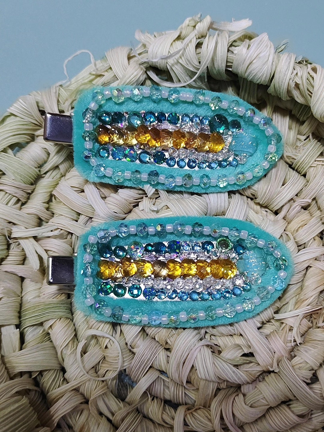 Handmade Blue Beaded Hair Clips