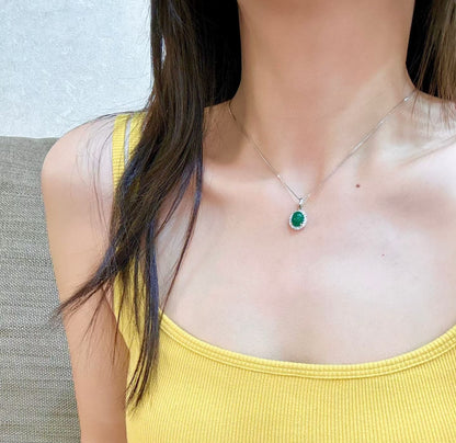 18K White Gold Oval Cabochon Emerald and Diamond Halo Pendant, 2.58ct