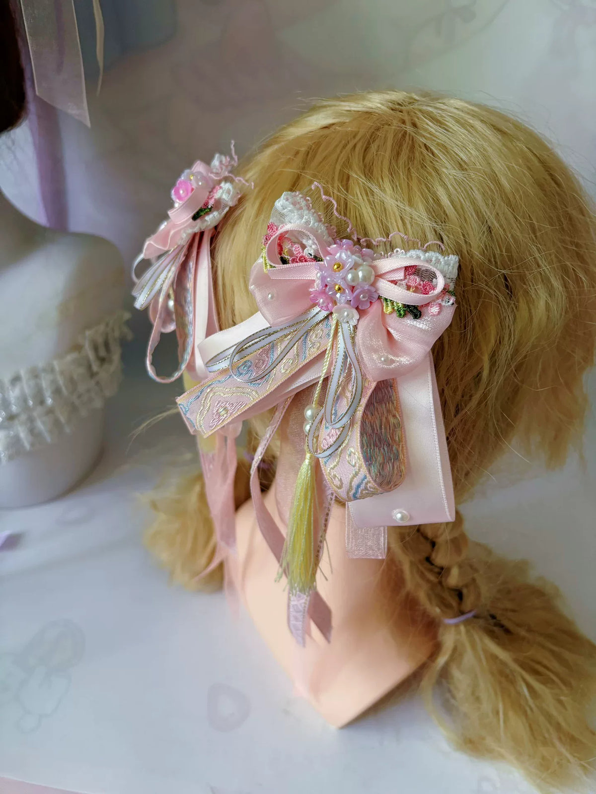 Pinzas para el pelo de lazo con perlas estilo Lolita hechas a mano