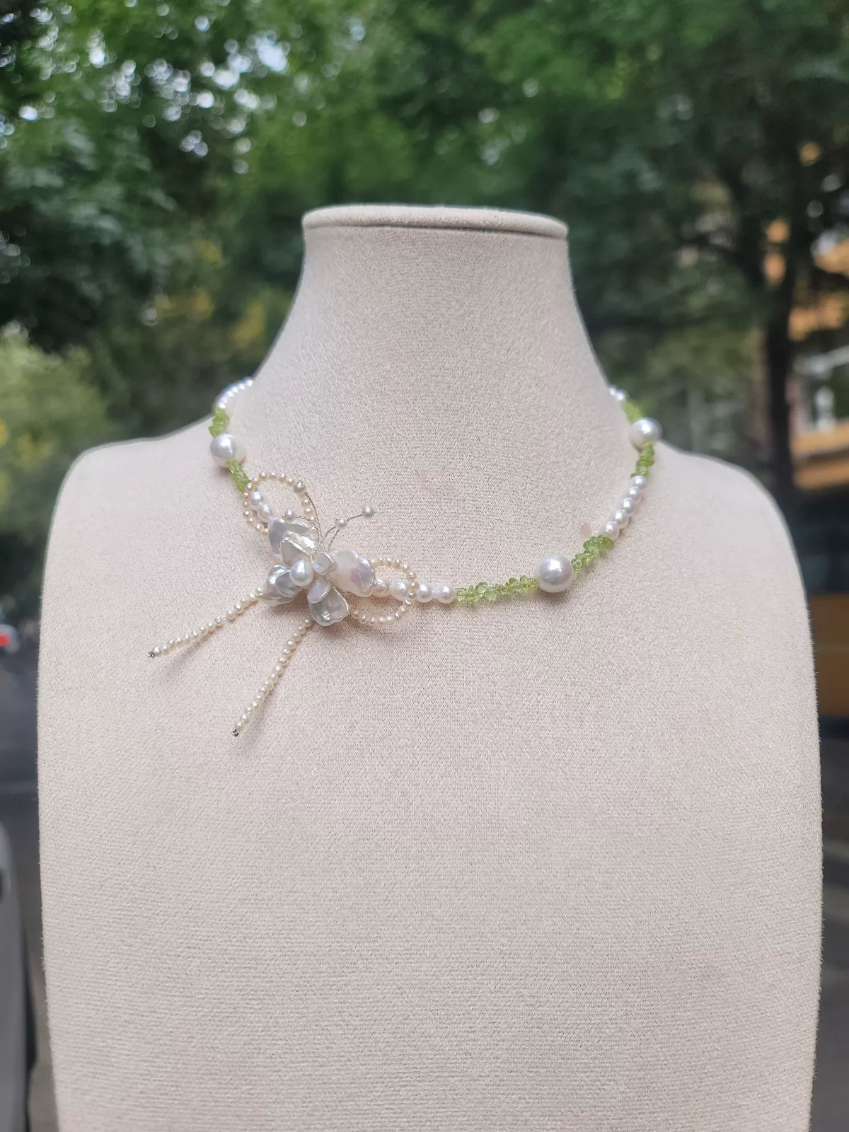 Baroque Pearl Butterfly Necklace with Peridot
