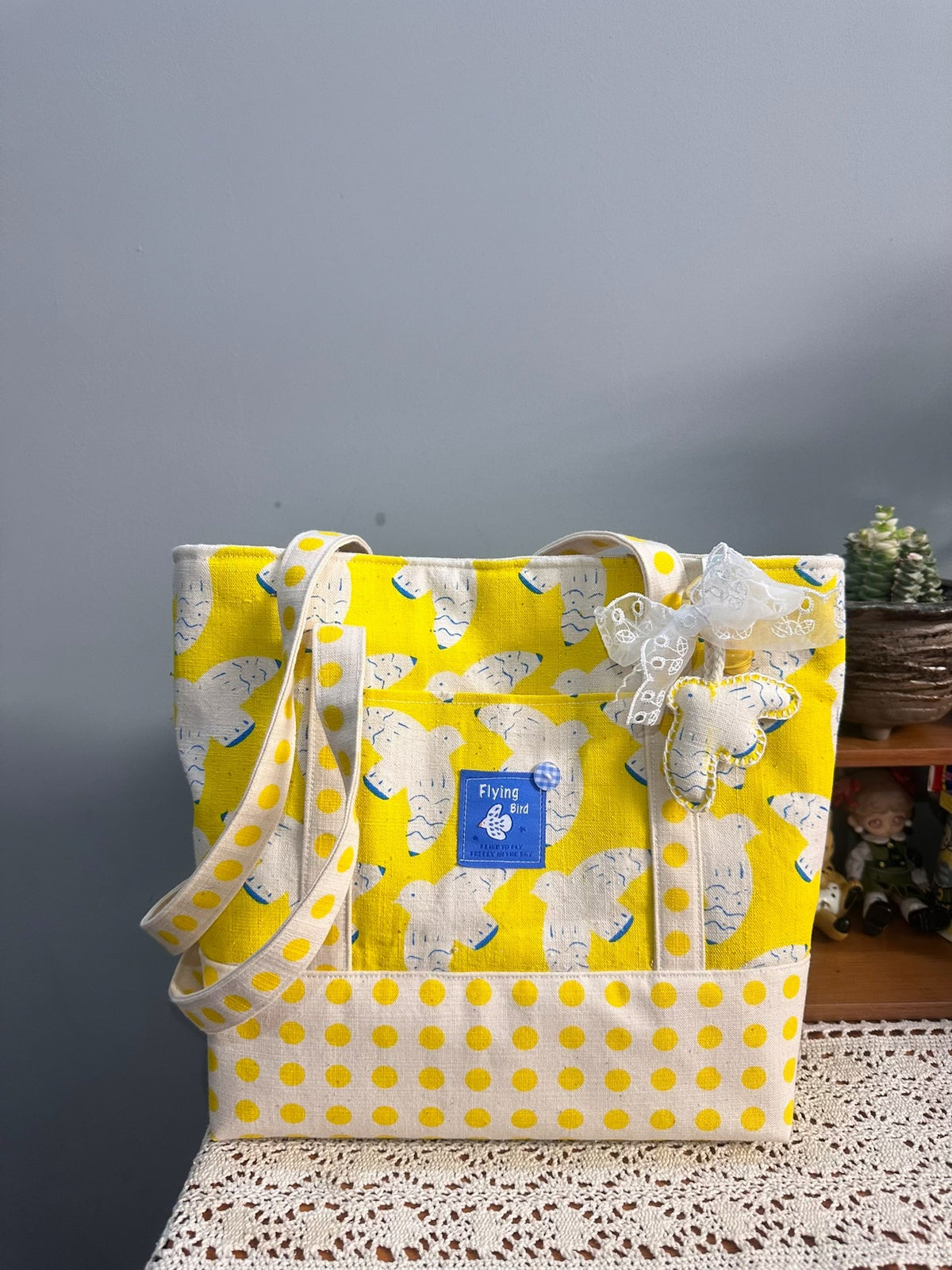 Handmade Bird Print Shoulder Tote Bag