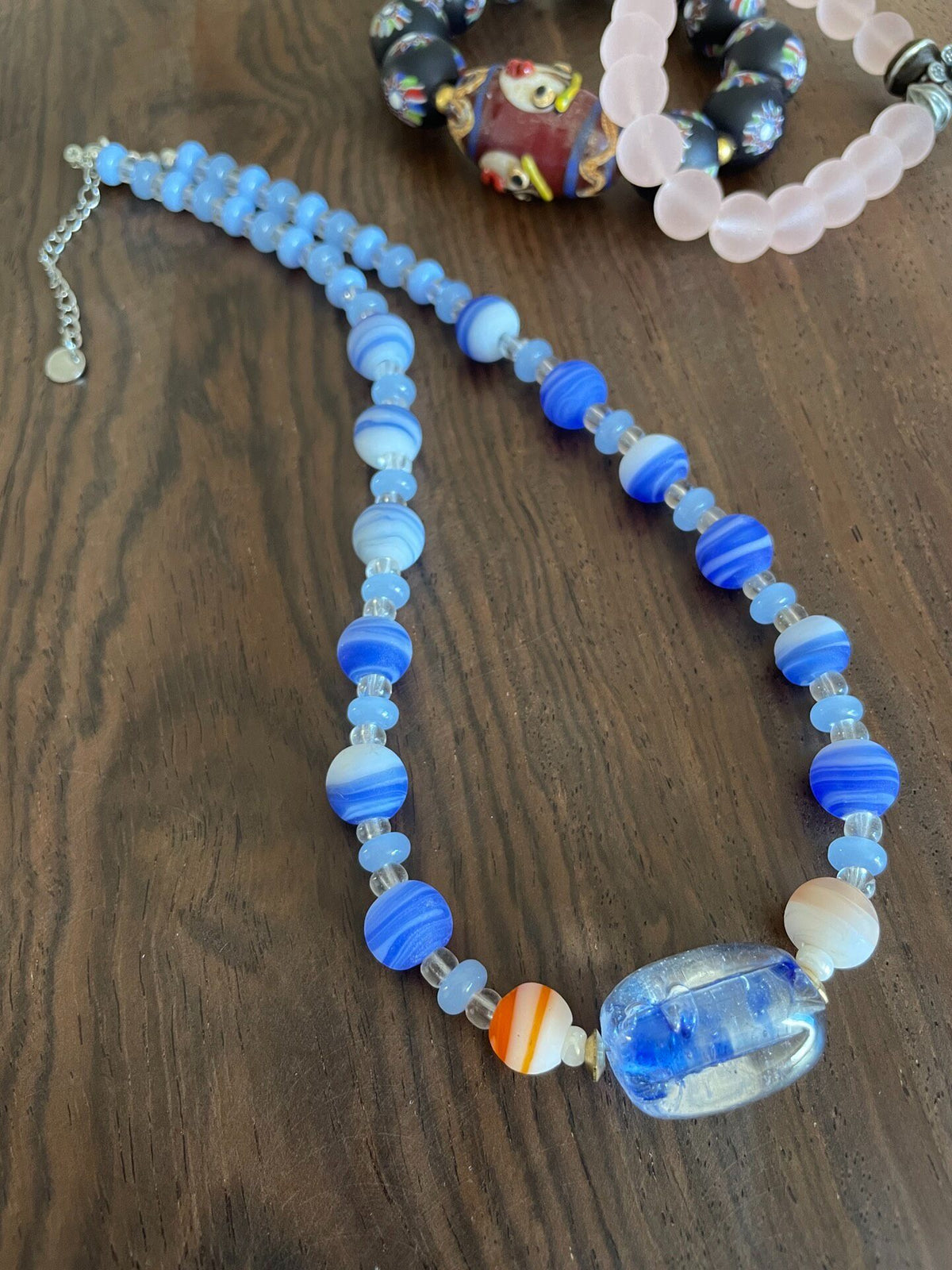 Blue Glass Beaded Necklace with Crystal Accents