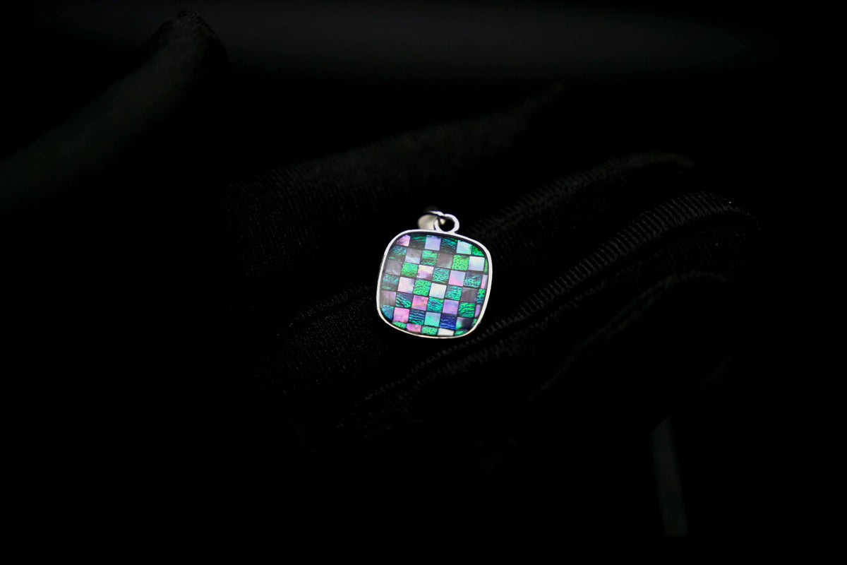 Checkerboard Jewel Beetle Silver Pendant Necklace