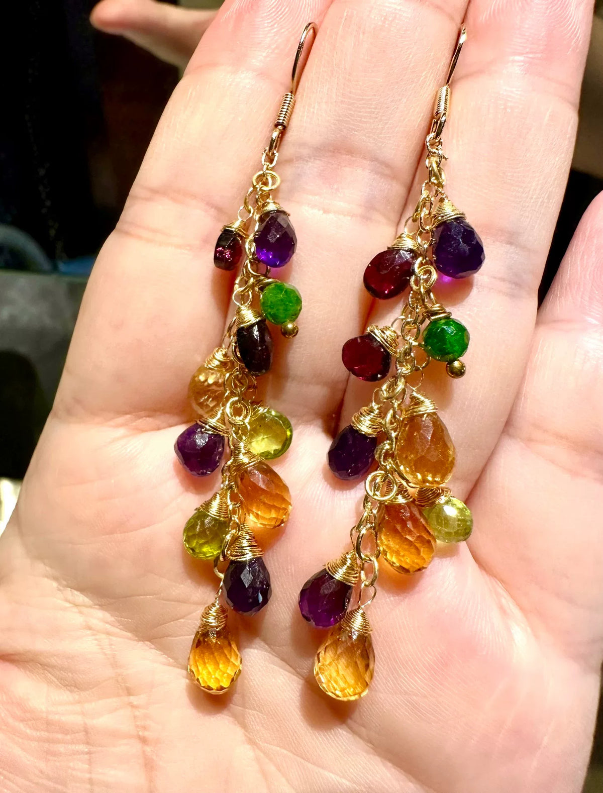 Natural Gemstone Tassel Earrings Gold Plated