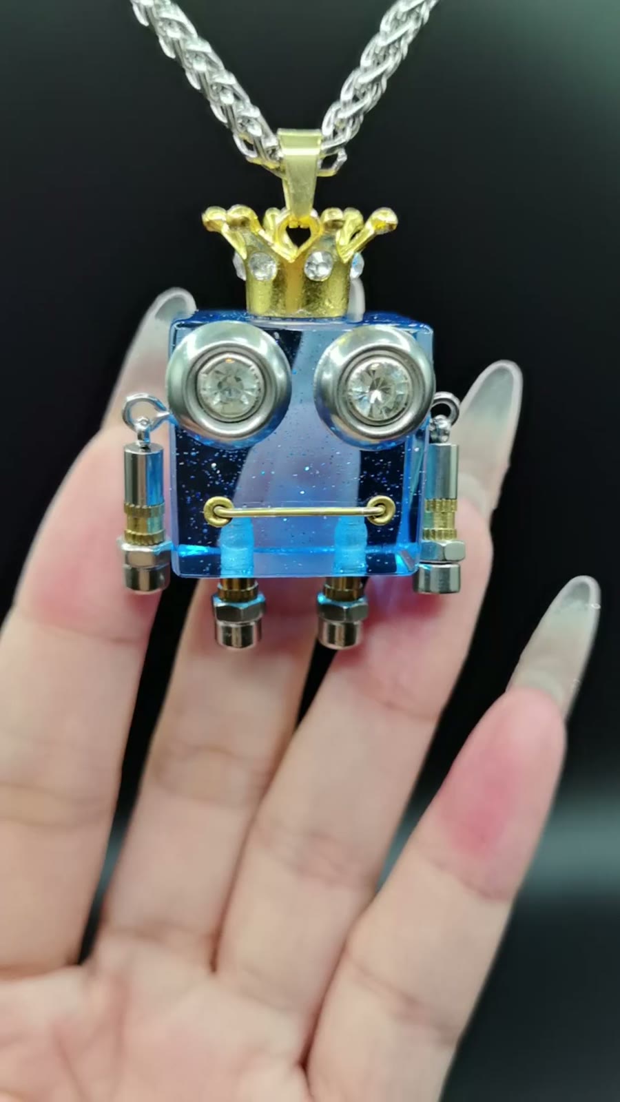 Blue Resin Robot Crown Pendant Necklace