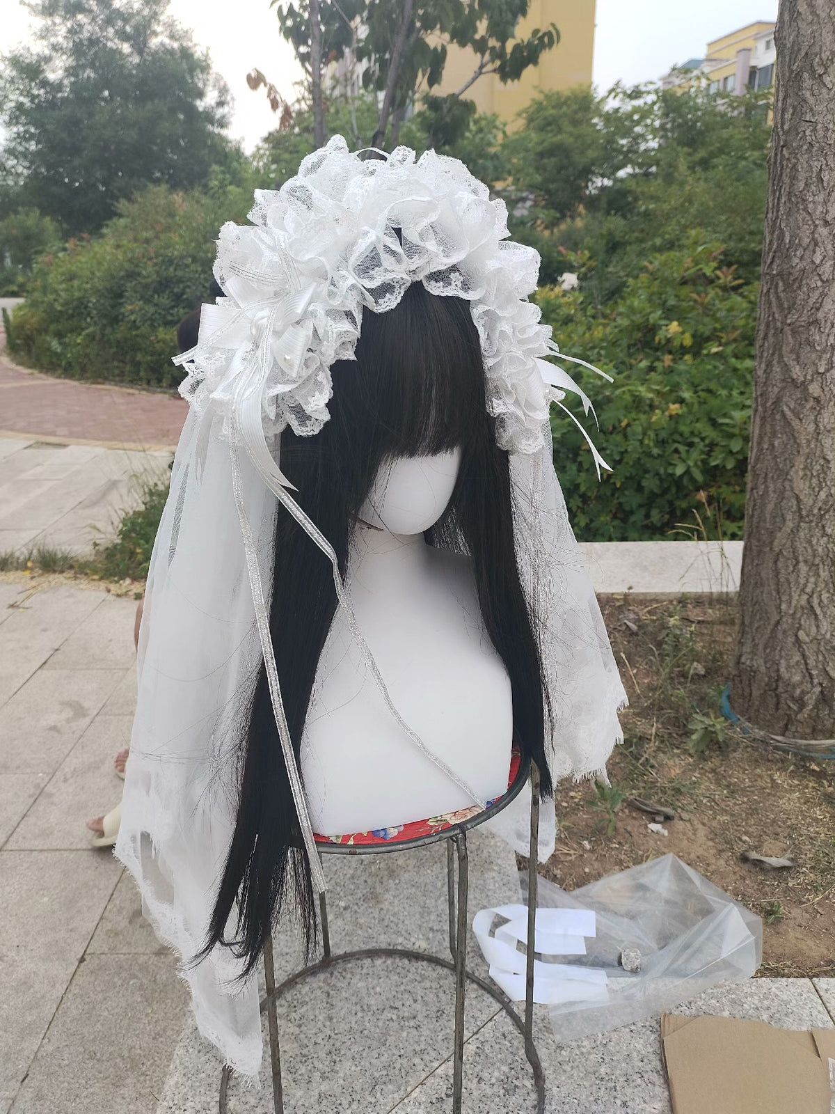 Kanten Lolita haarband met sluier en vlinders