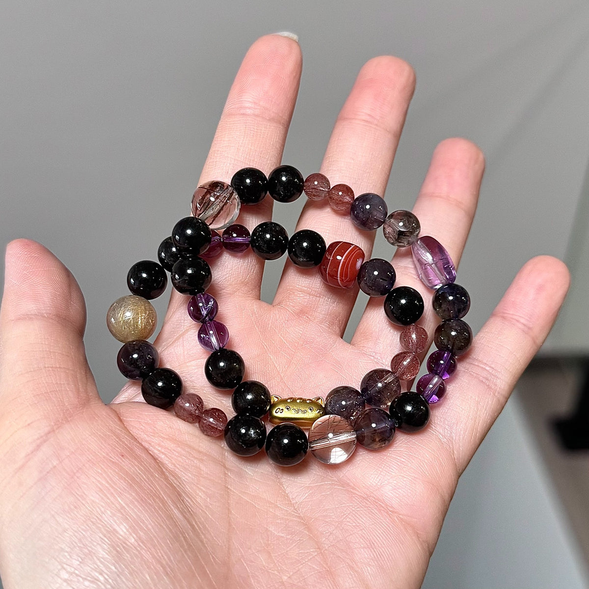 Doppelstriges Rutilquarz-Amethyst Perlenarmband