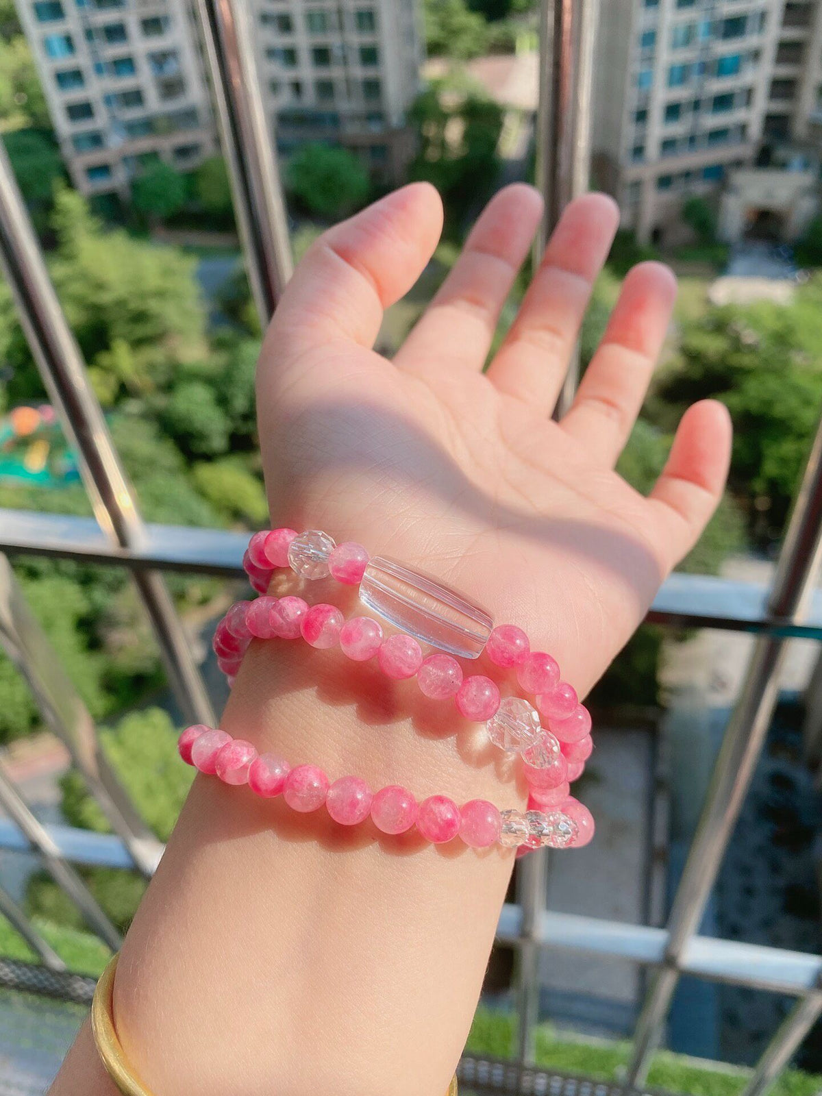 Rhodonite Quartz Triple Strand Beaded Bracelet