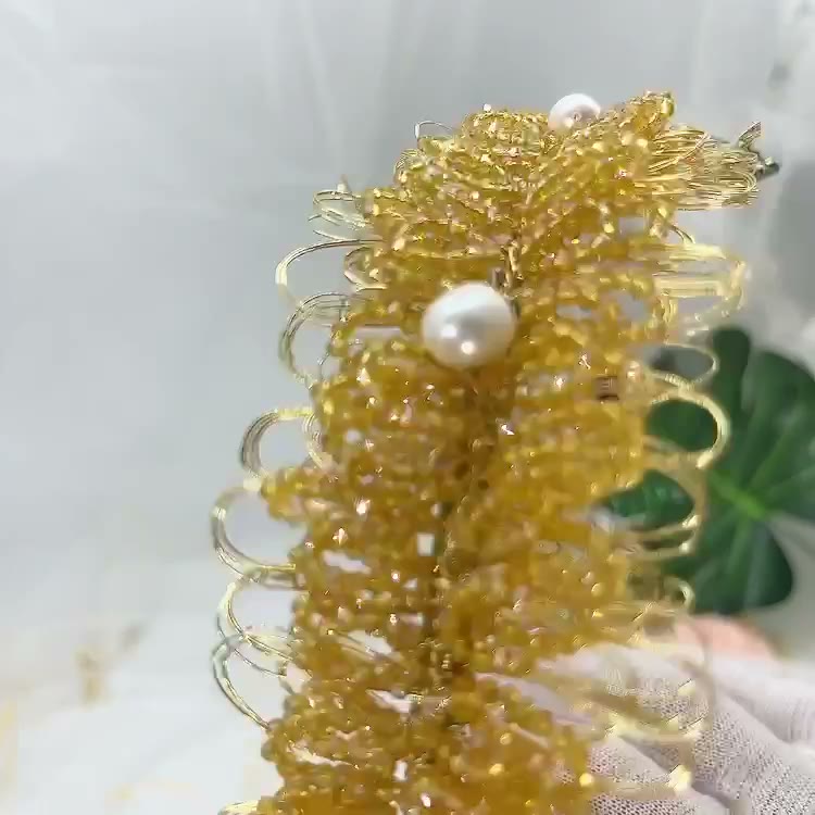 Sunflower Beaded Headband with Pearl Accents
