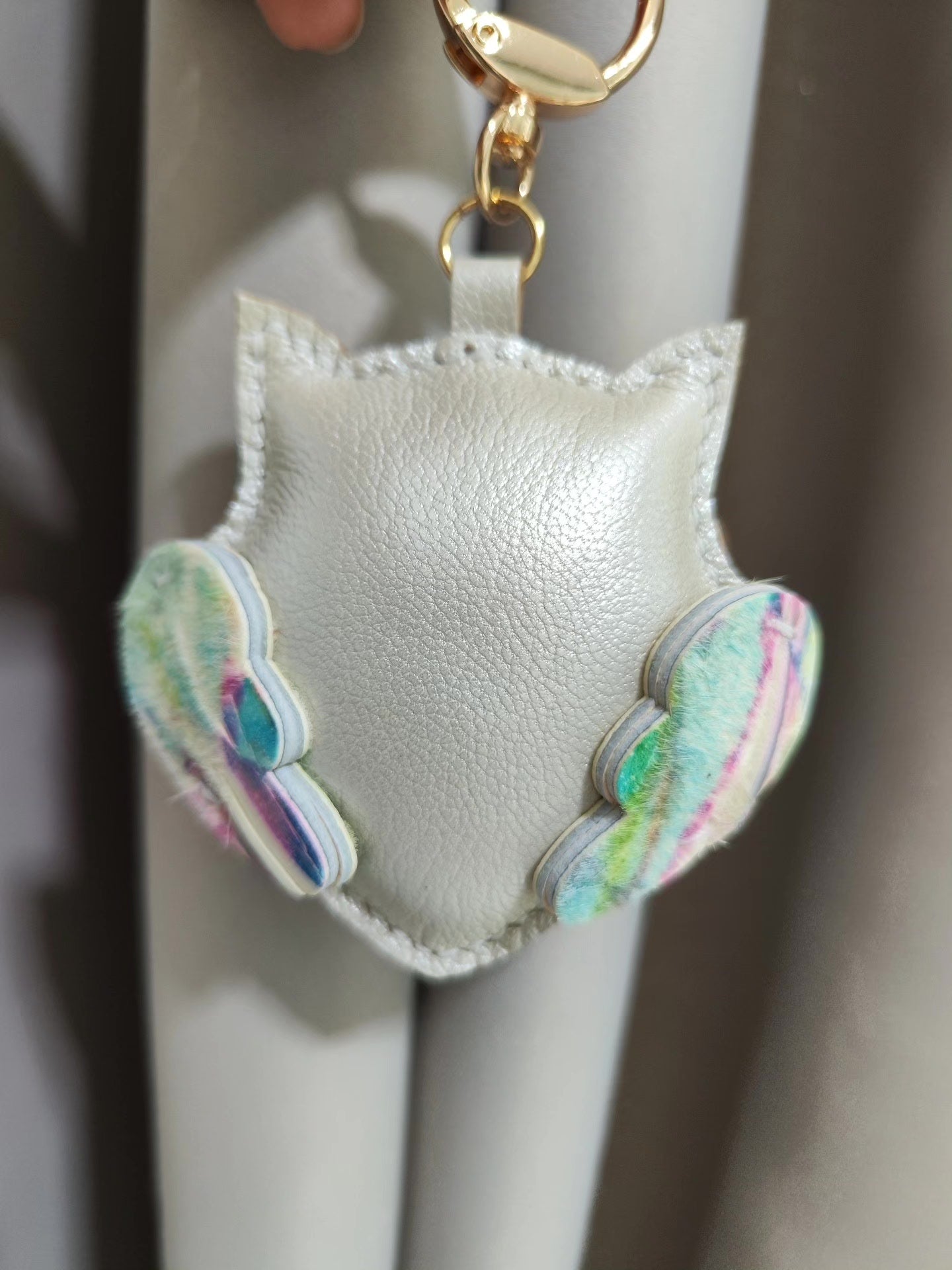 White Leather Owl Keychain with Multicolored Wings and Tail