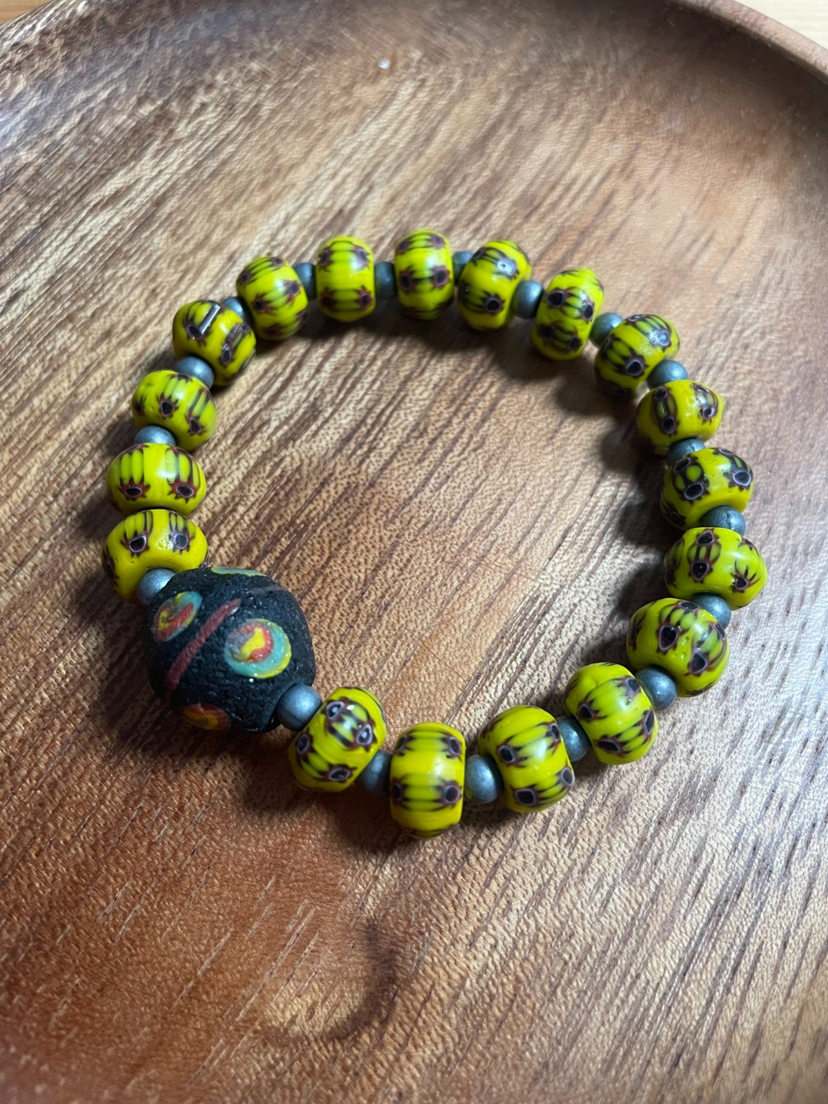 Yellow Glass Bead Bracelet with Tibetan Silver Spacers