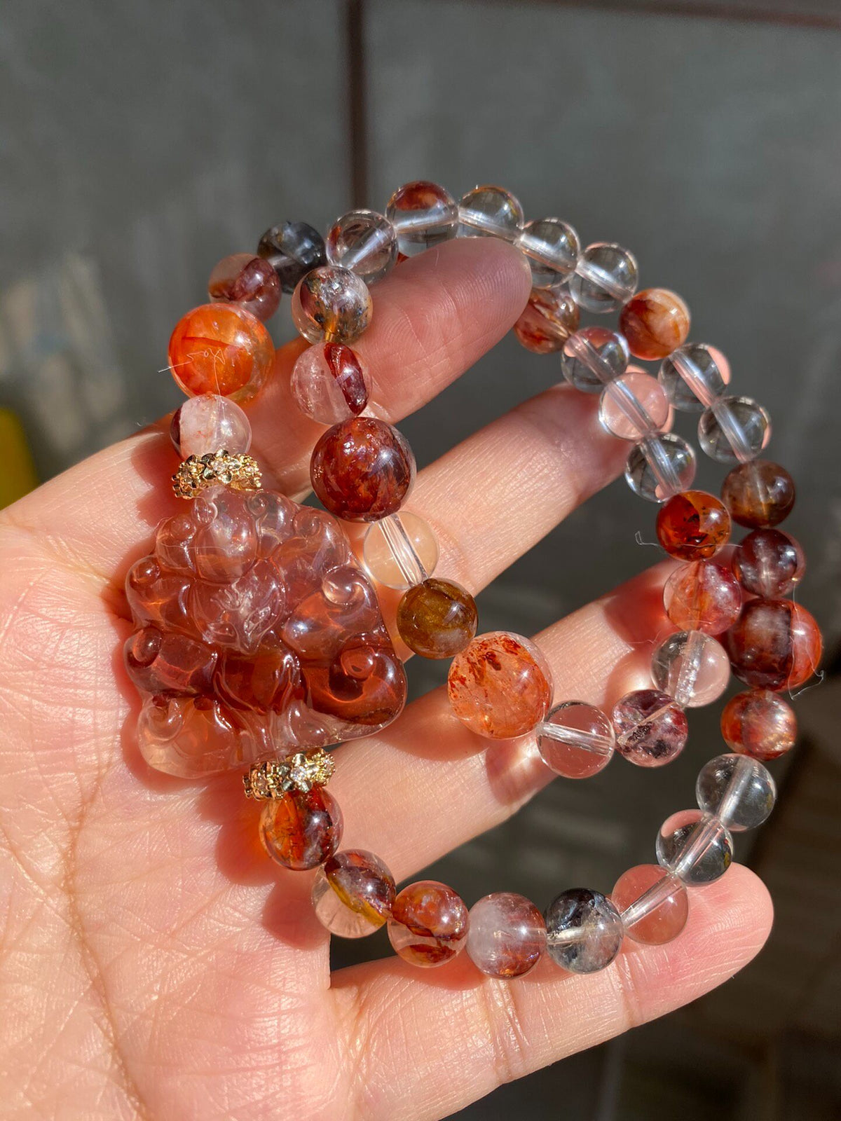Double Loop Quartz Bracelet Carved Fox Charm