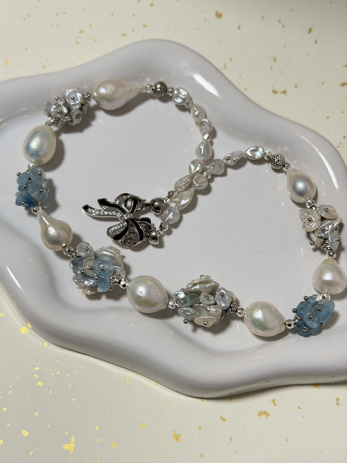 Aquamarine Pearl Floral Design Necklace