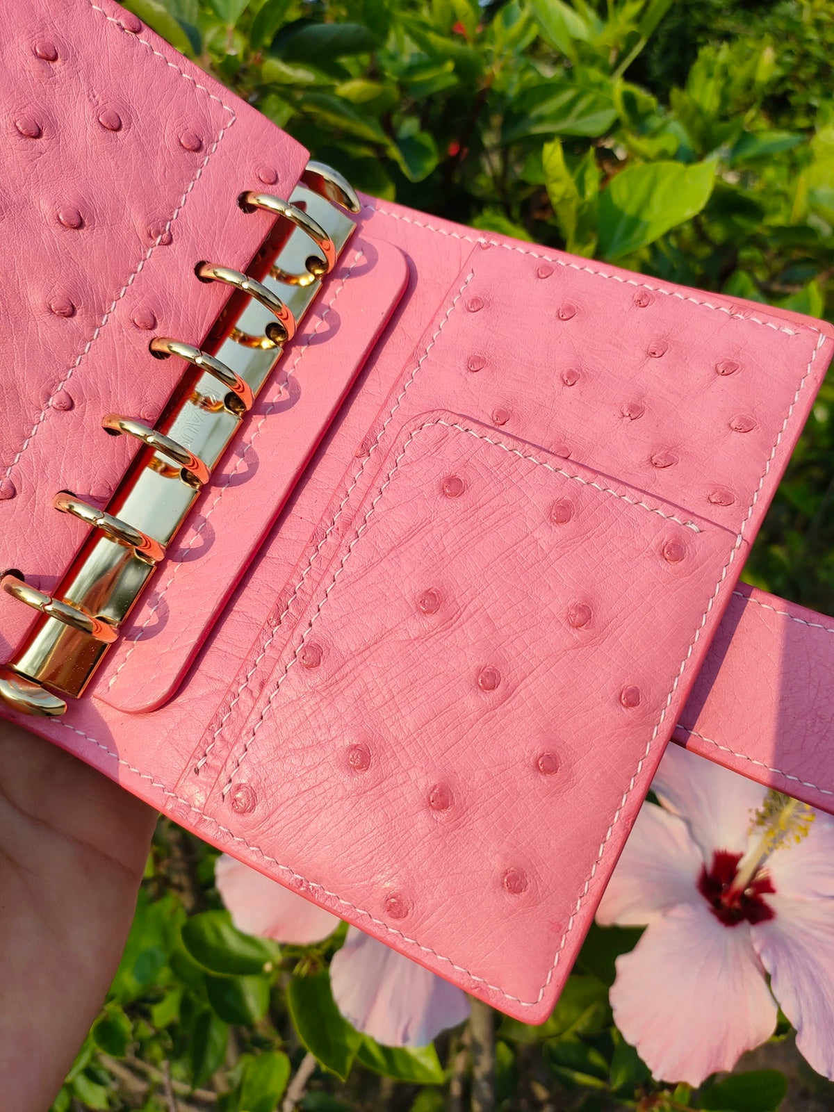 Pink Ostrich Leather A7 Ring Binder Journal