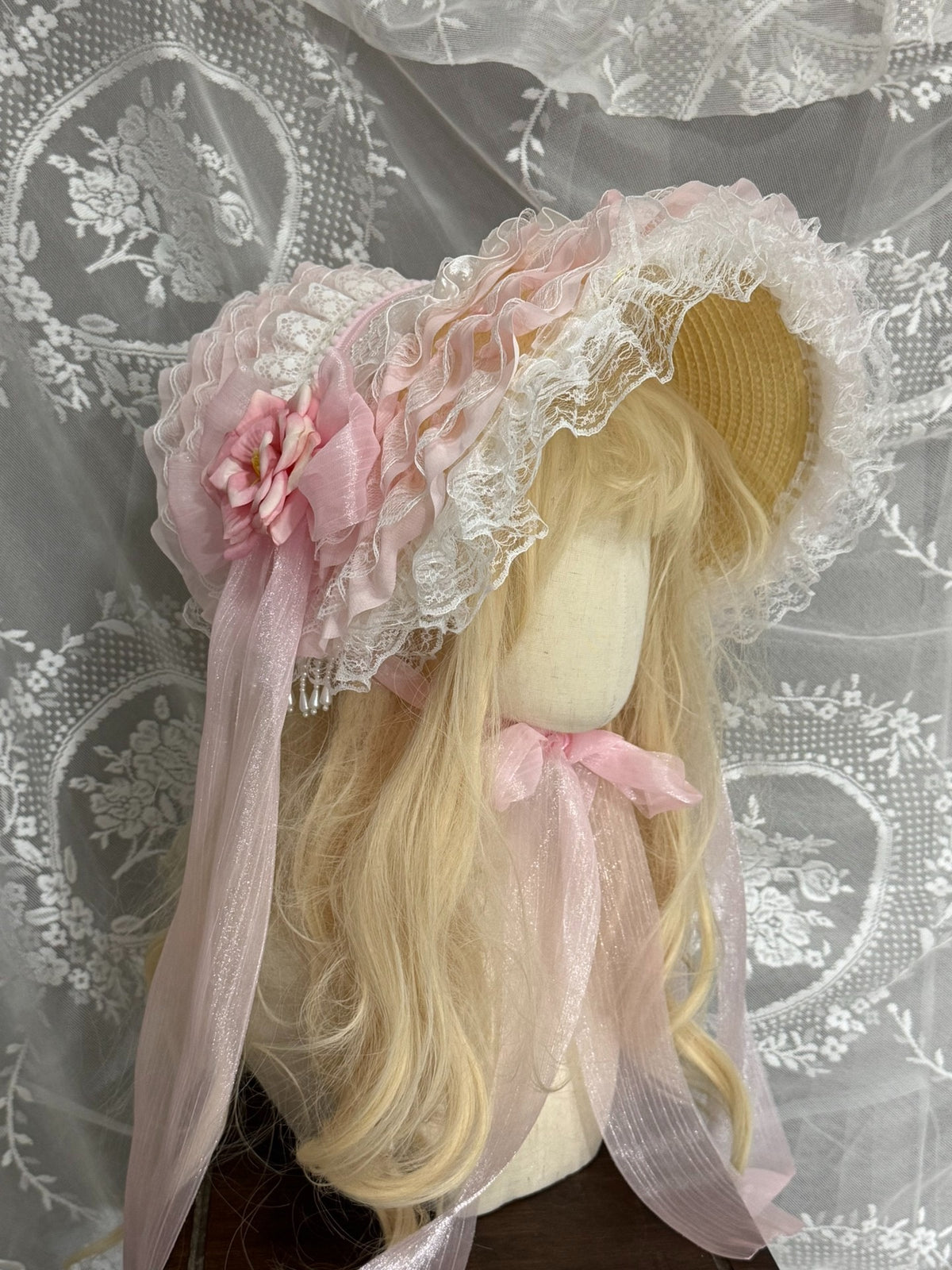 Reversible Pink Pearl Trim Bonnet Headpiece