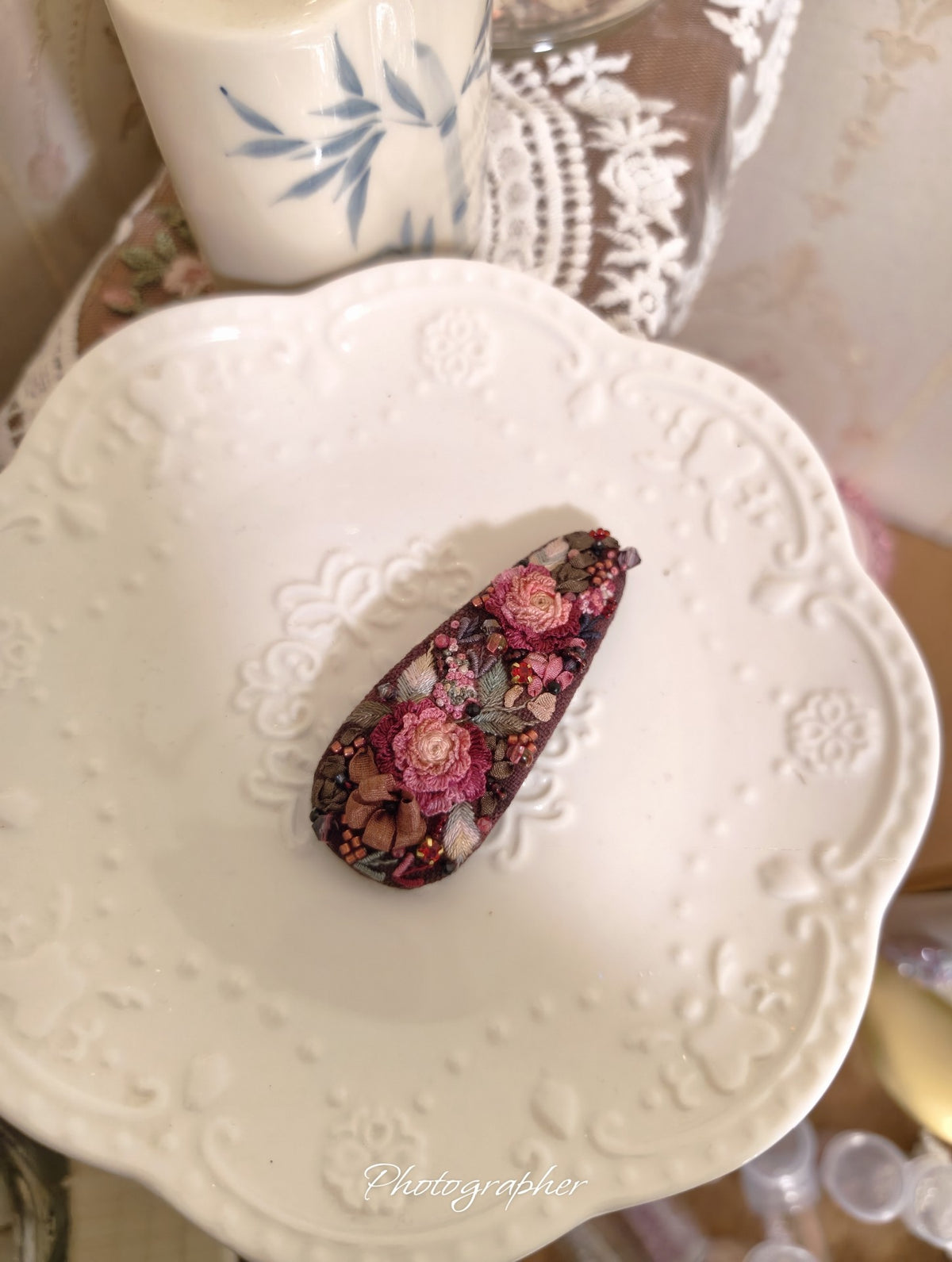 Vintage Rose Embroidery Bobby Clip