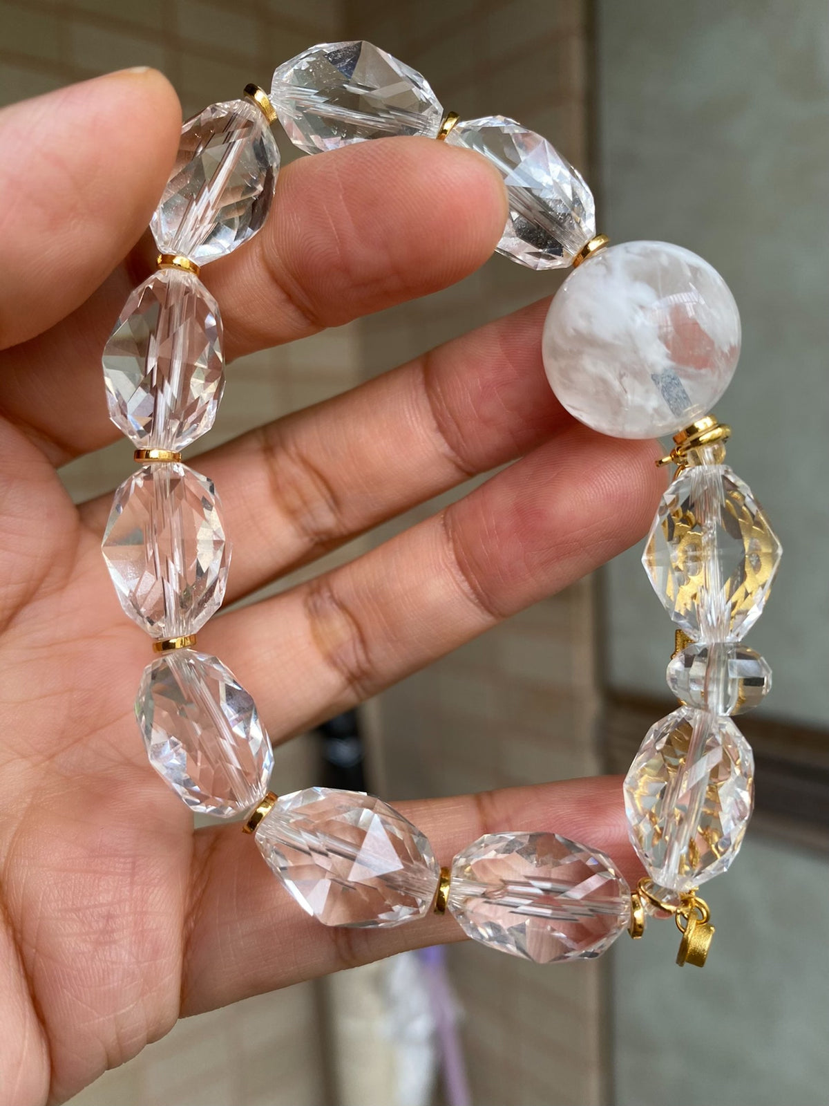 Clear Quartz Snowflake Phantom Beaded Bracelet