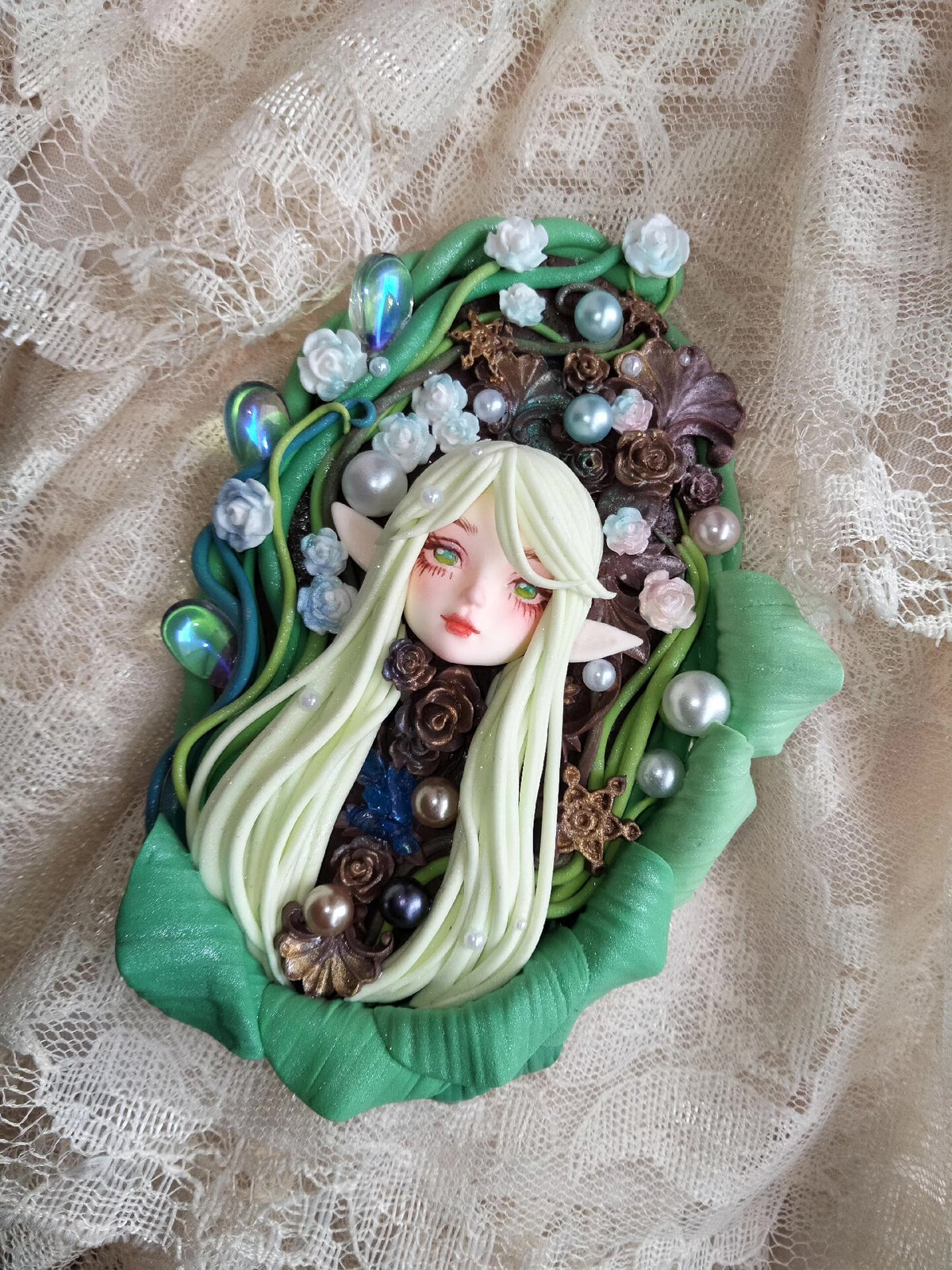 Clay Elf Head Fridge Magnet Floral Design
