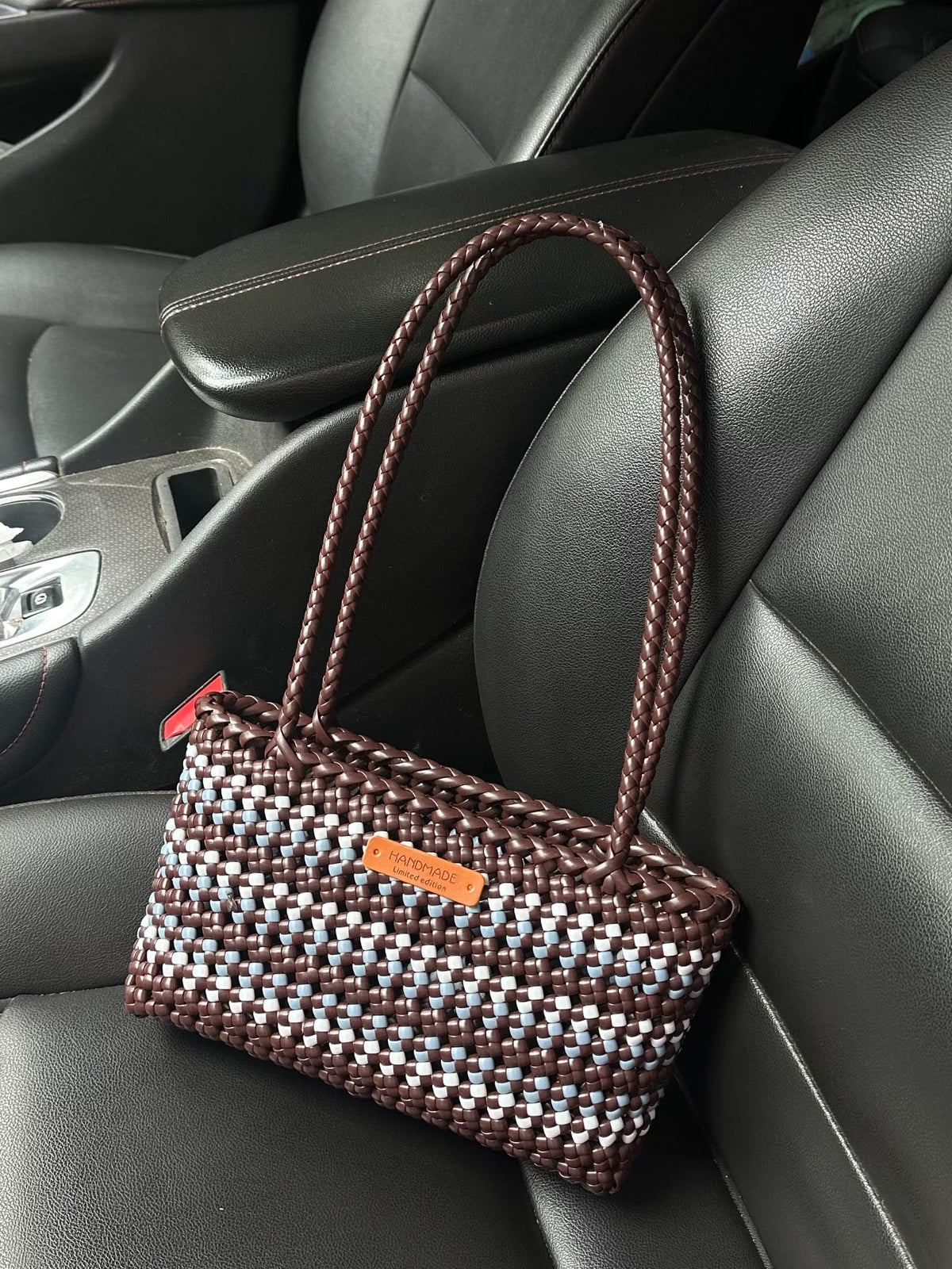 Borsa Tote in Rafia Intrecciata a Mano Colore Caffè