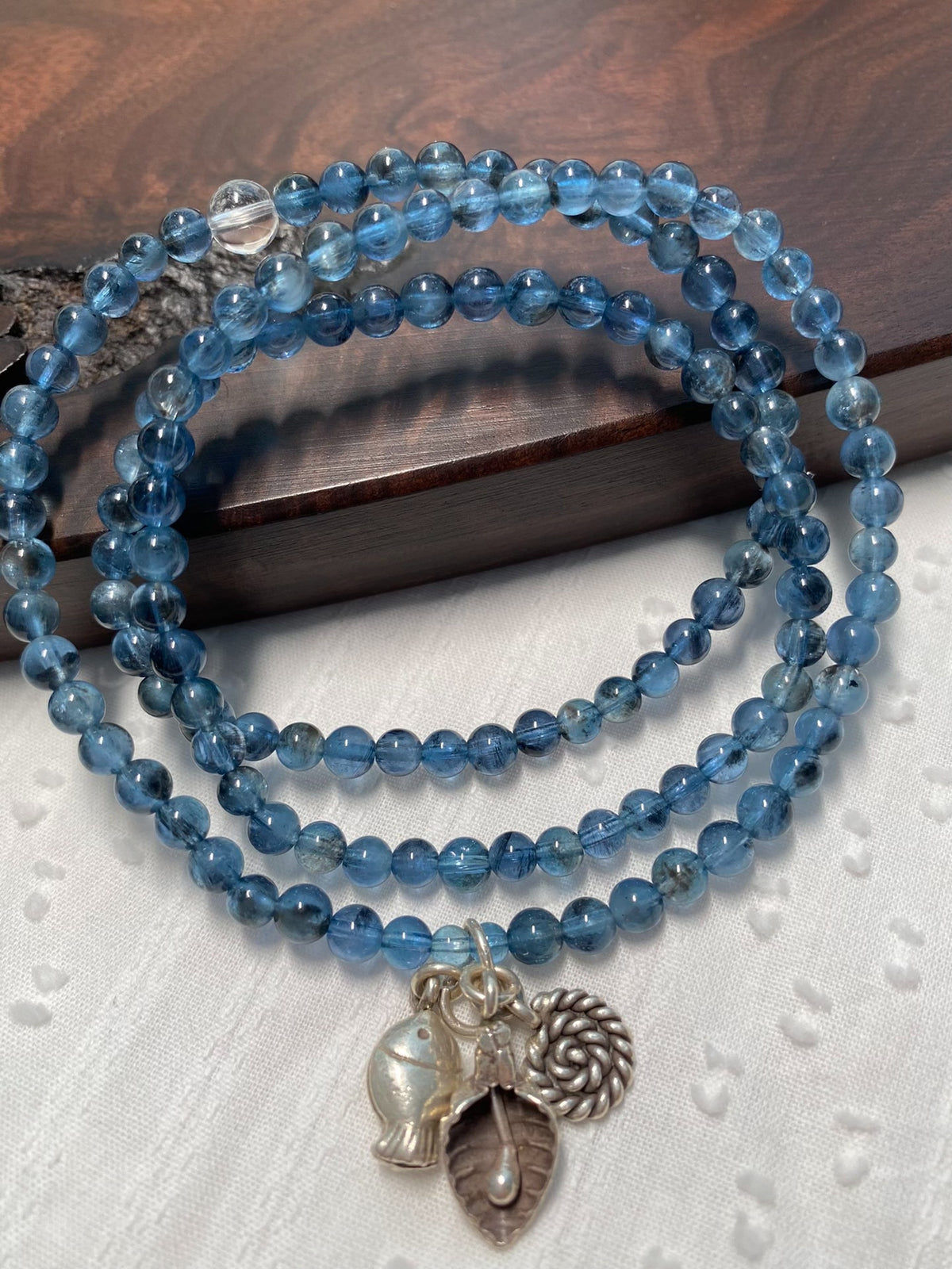 Aquamarine Triple Wrap Beaded Bracelet Silver Charms
