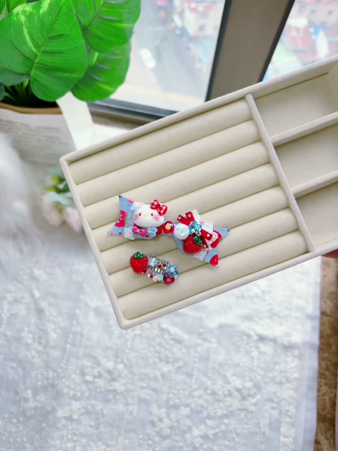 Strawberry Denim Cat Bow Pet Hair Clip Set