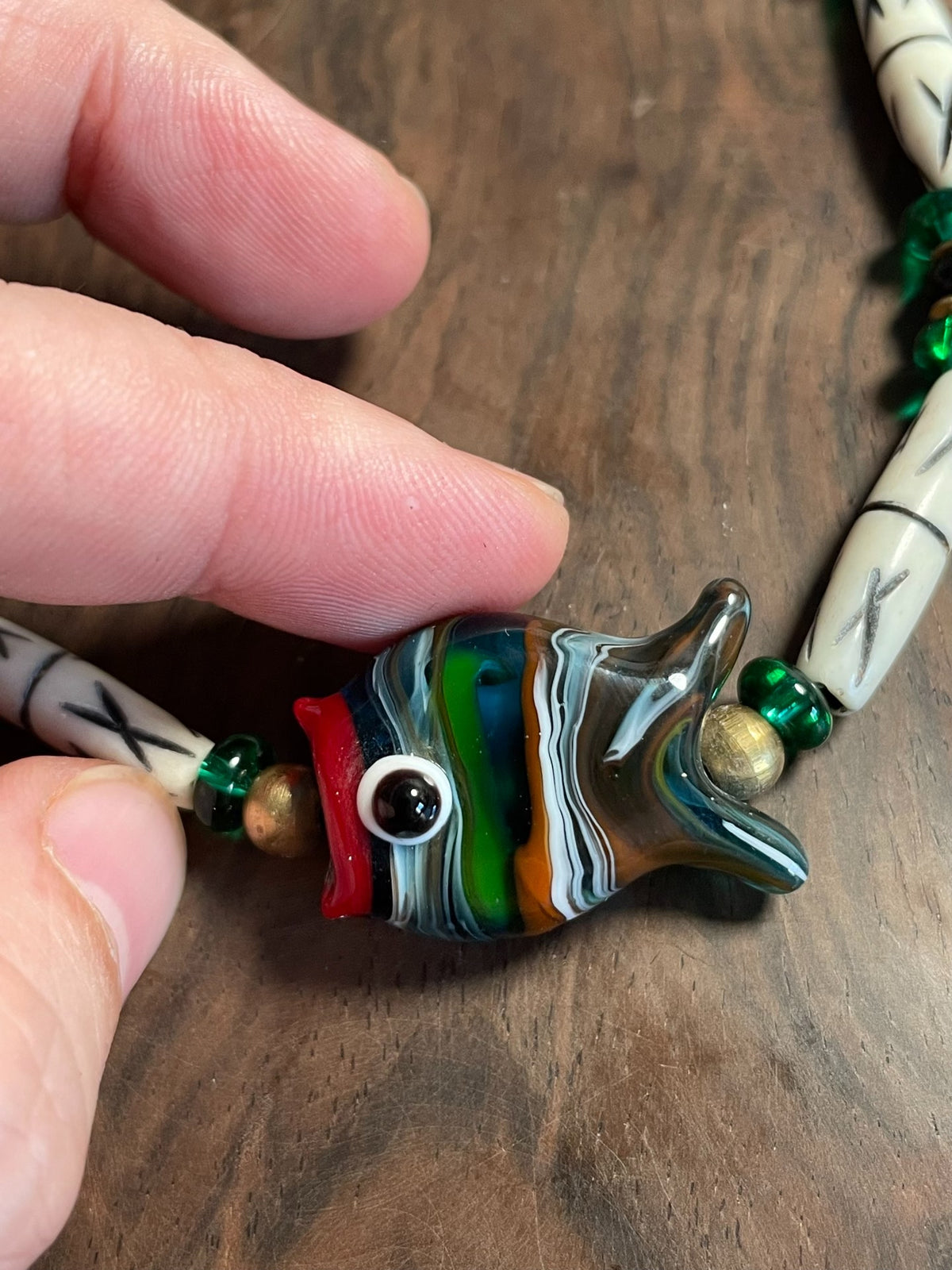 Multicolored Glass Fish Pendant Bone Bead Necklace