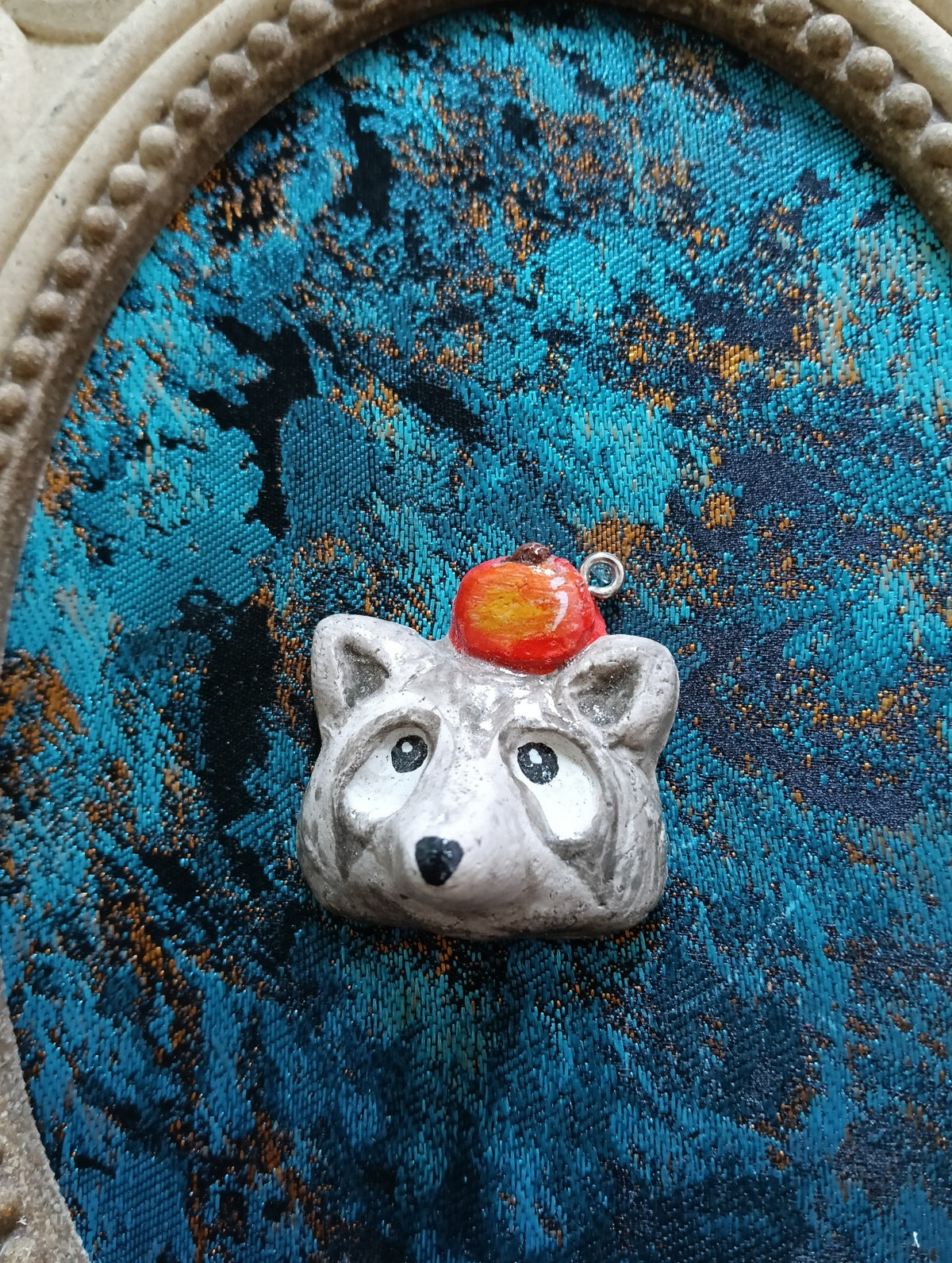 Handmade Clay Raccoon Pendant with Red Apple