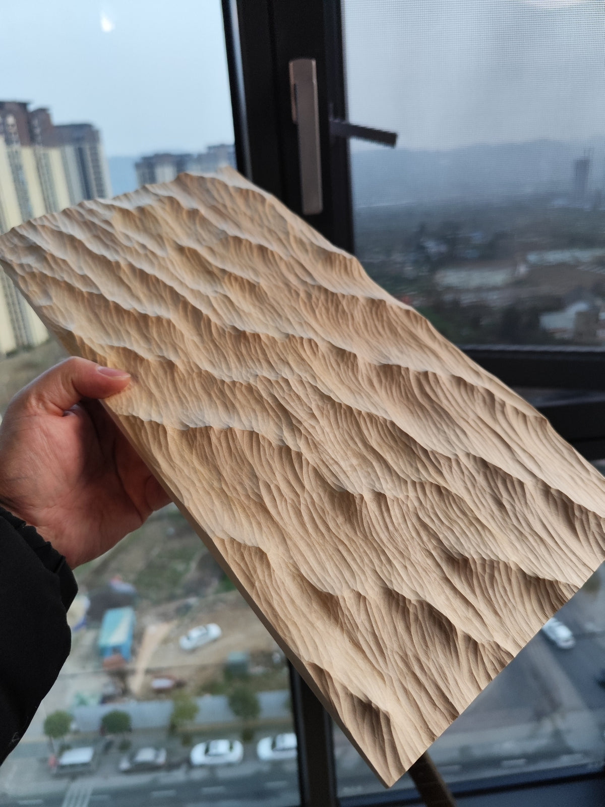 Handcrafted Linden Wood Wave Relief Carving