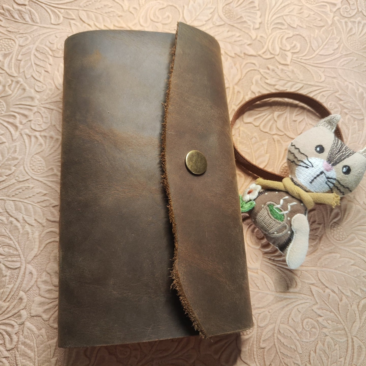 Handcrafted Leather Notebook with Cat Charm
